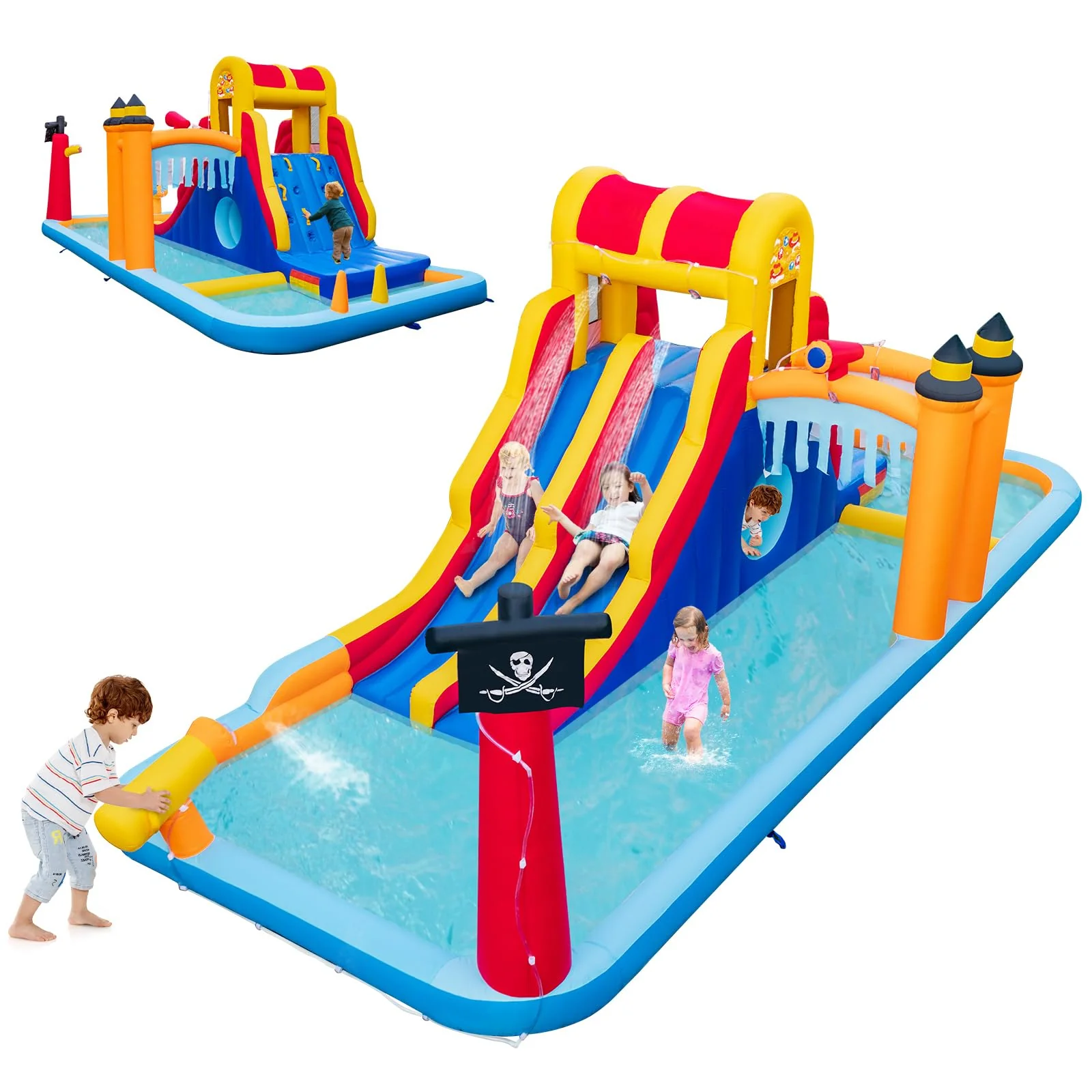 HONEY JOY Inflatable Water Slide, 6-in-1 Water Park w/Dual Slides, Climbing Wall, Water Cannon, Splash Pools - Image 4