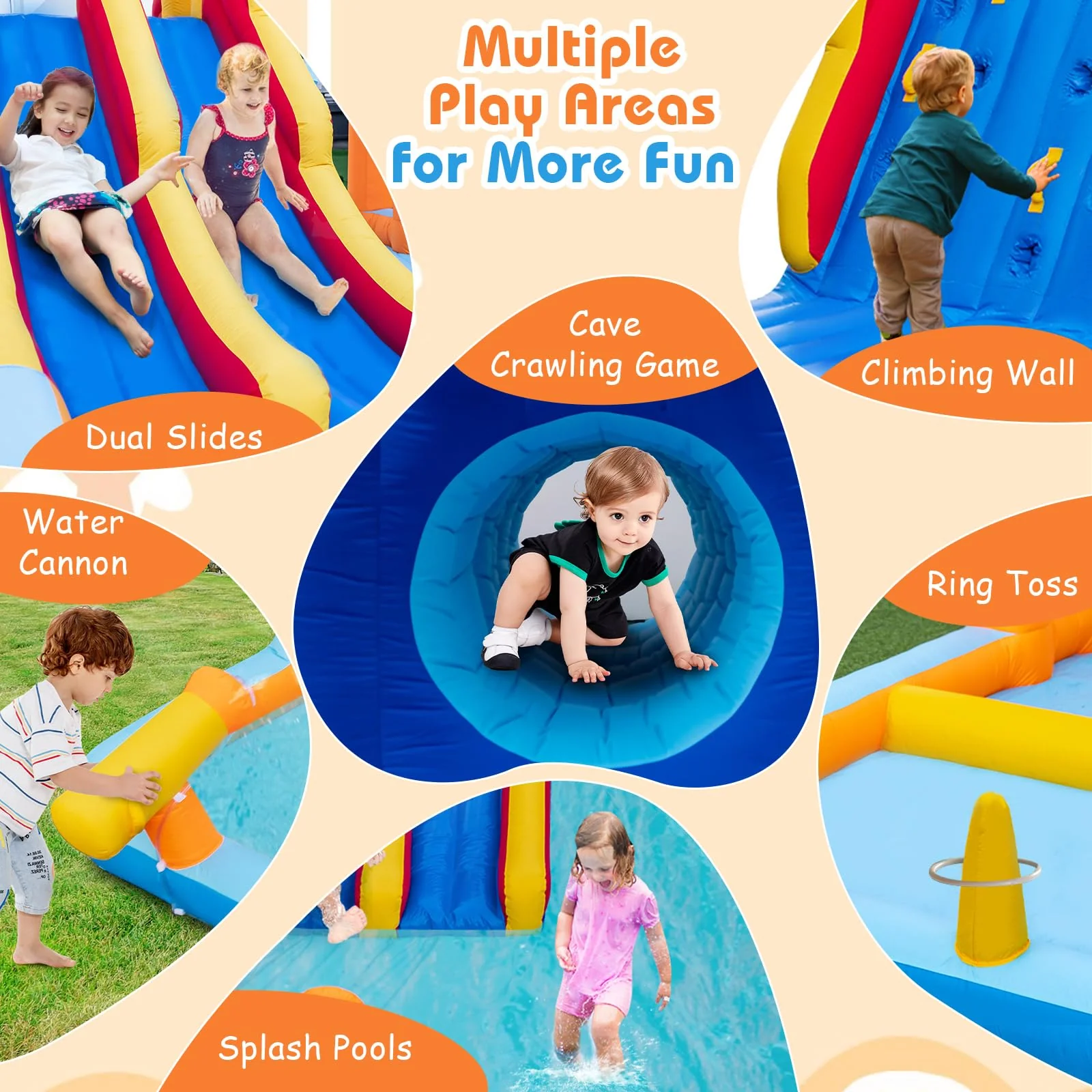 HONEY JOY Inflatable Water Slide, 6-in-1 Water Park w/Dual Slides, Climbing Wall, Water Cannon, Splash Pools - Image 5