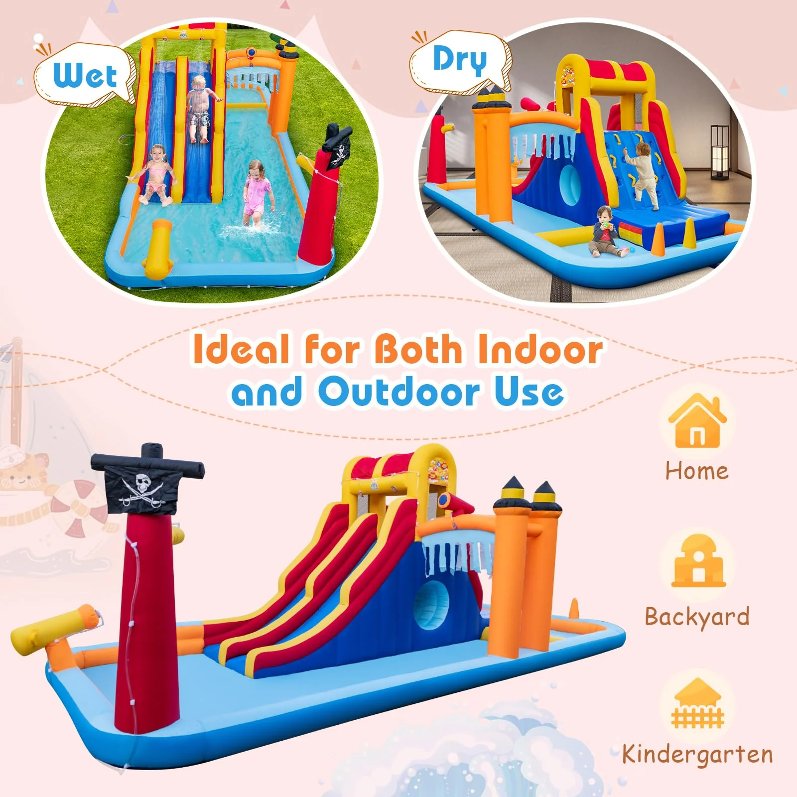 HONEY JOY Inflatable Water Slide, 6-in-1 Water Park w/Dual Slides, Climbing Wall, Water Cannon, Splash Pools - Image 6