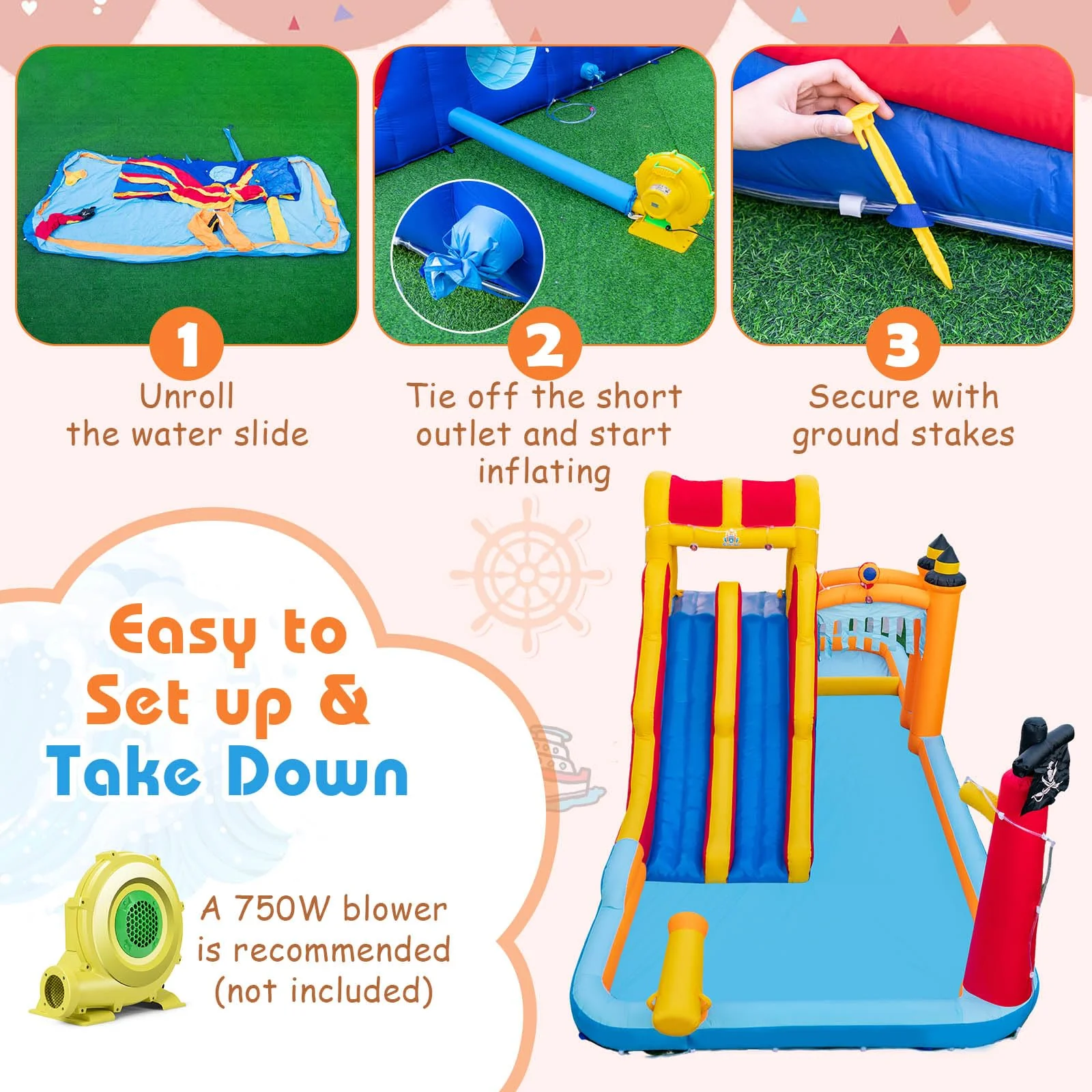 HONEY JOY Inflatable Water Slide, 6-in-1 Water Park w/Dual Slides, Climbing Wall, Water Cannon, Splash Pools - Image 7
