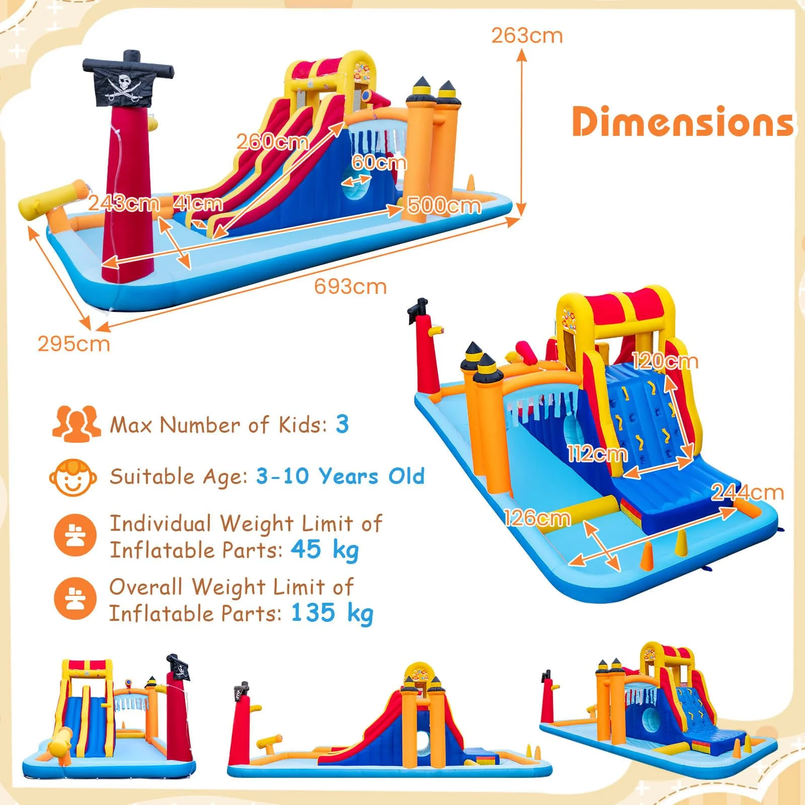 HONEY JOY Inflatable Water Slide, 6-in-1 Water Park w/Dual Slides, Climbing Wall, Water Cannon, Splash Pools - Image 8