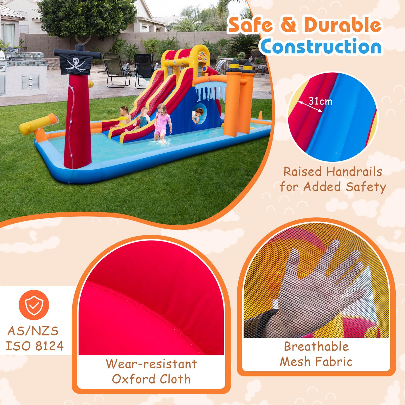 HONEY JOY Inflatable Water Slide, 6-in-1 Water Park w/Dual Slides, Climbing Wall, Water Cannon, Splash Pools - Image 9