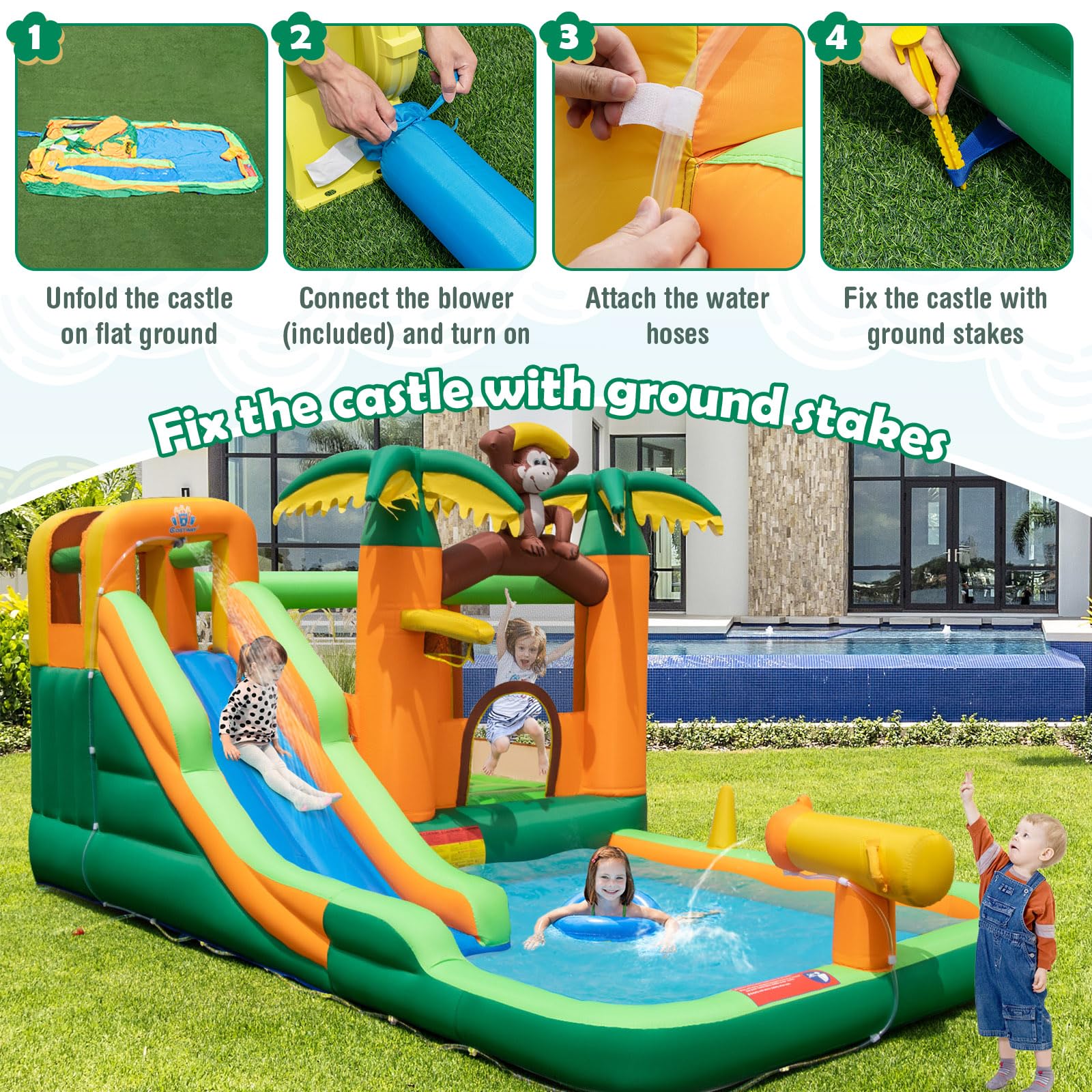 HONEY JOY Inflatable Water Slide, 7-in-1 Bounce House Water Park w/Splash Pool, Water Cannon - Image 4