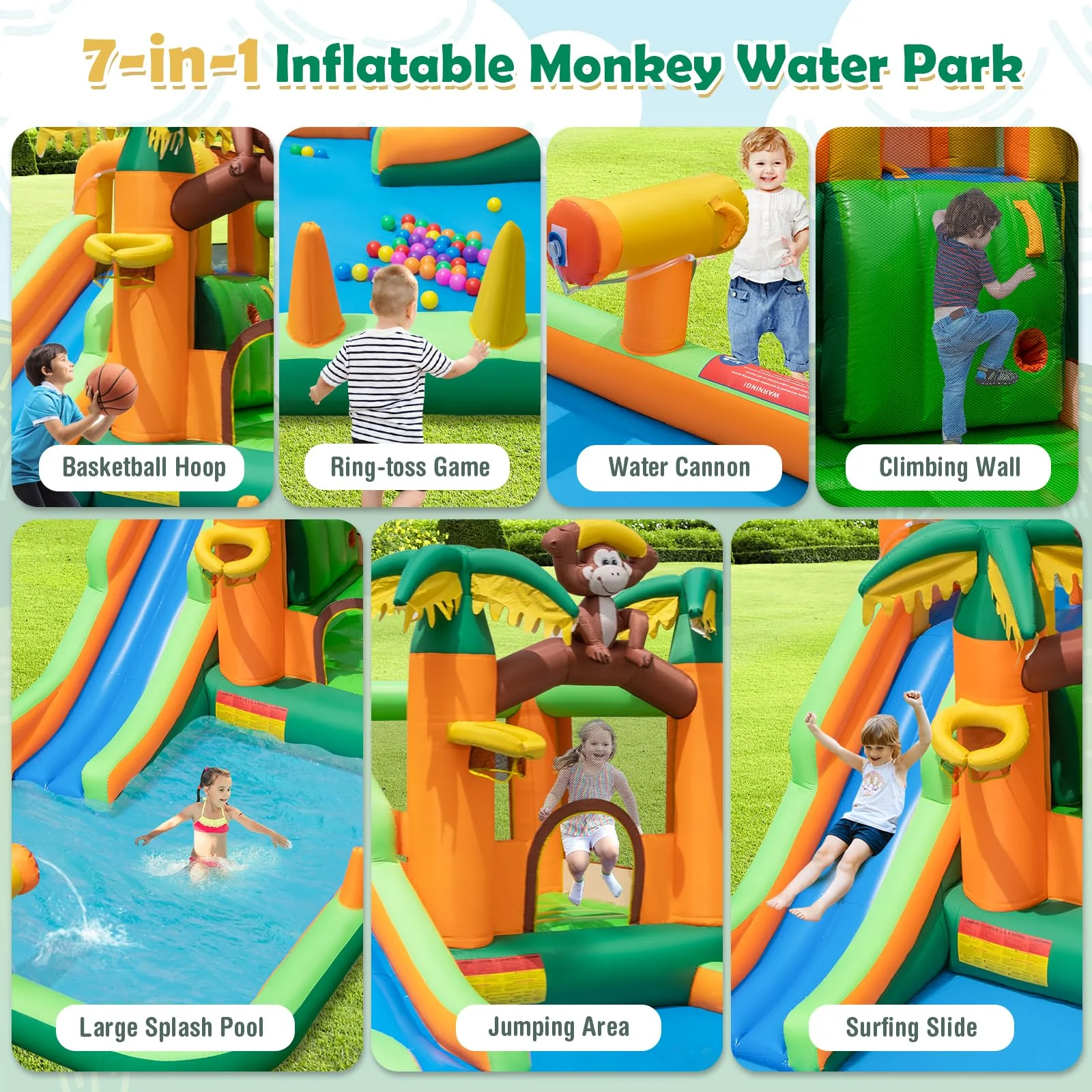HONEY JOY Inflatable Water Slide, 7-in-1 Bounce House Water Park w/Splash Pool, Water Cannon - Image 7