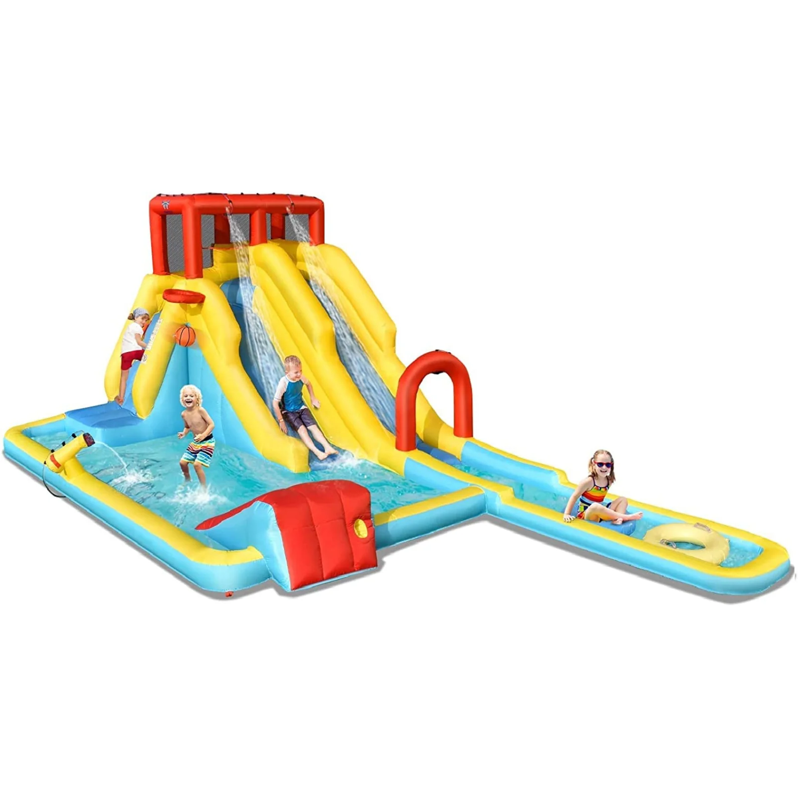 HONEY JOY Inflatable Water Slide, 7-in-1 Double Long Slide Inflatable Water Park w/Climbing Wall