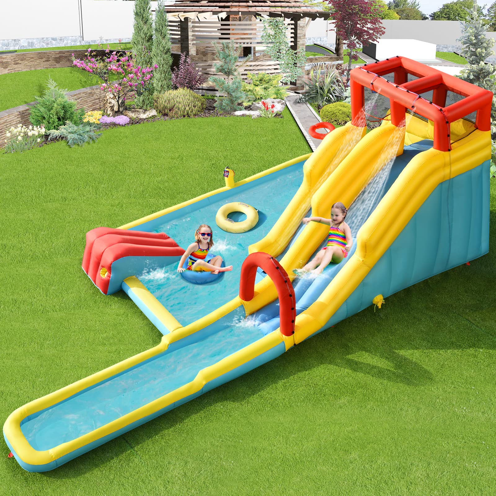 HONEY JOY Inflatable Water Slide, 7-in-1 Double Long Slide Inflatable Water Park w/Climbing Wall - Image 2