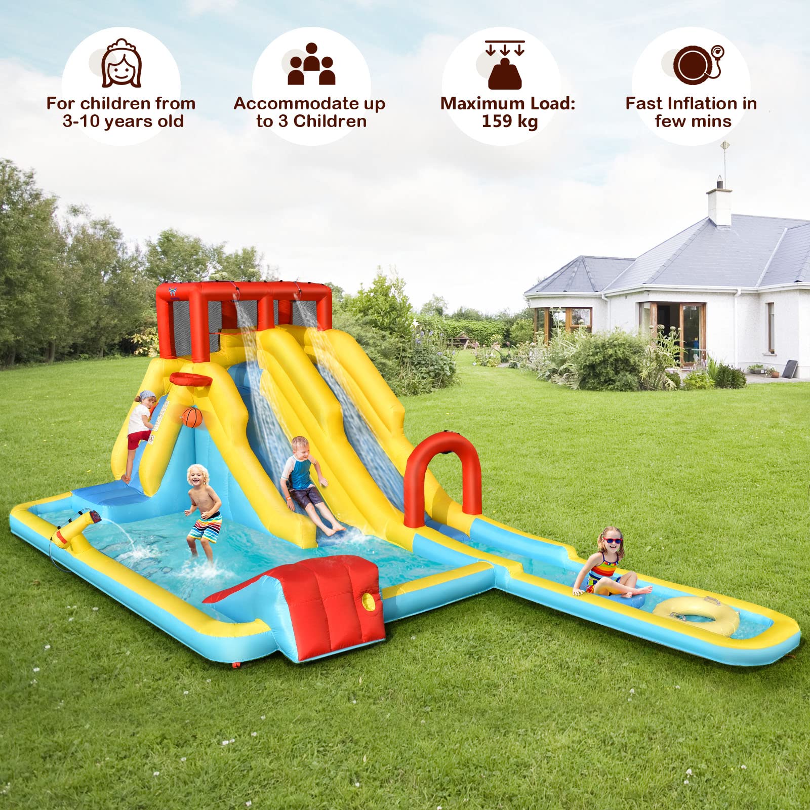 HONEY JOY Inflatable Water Slide, 7-in-1 Double Long Slide Inflatable Water Park w/Climbing Wall - Image 4