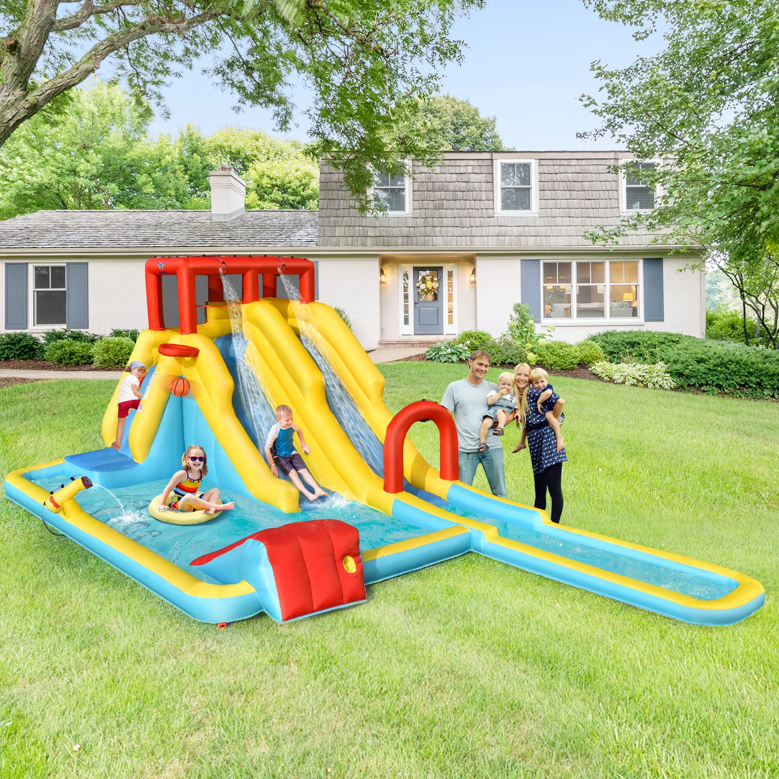 HONEY JOY Inflatable Water Slide, 7-in-1 Double Long Slide Inflatable Water Park w/Climbing Wall - Image 9