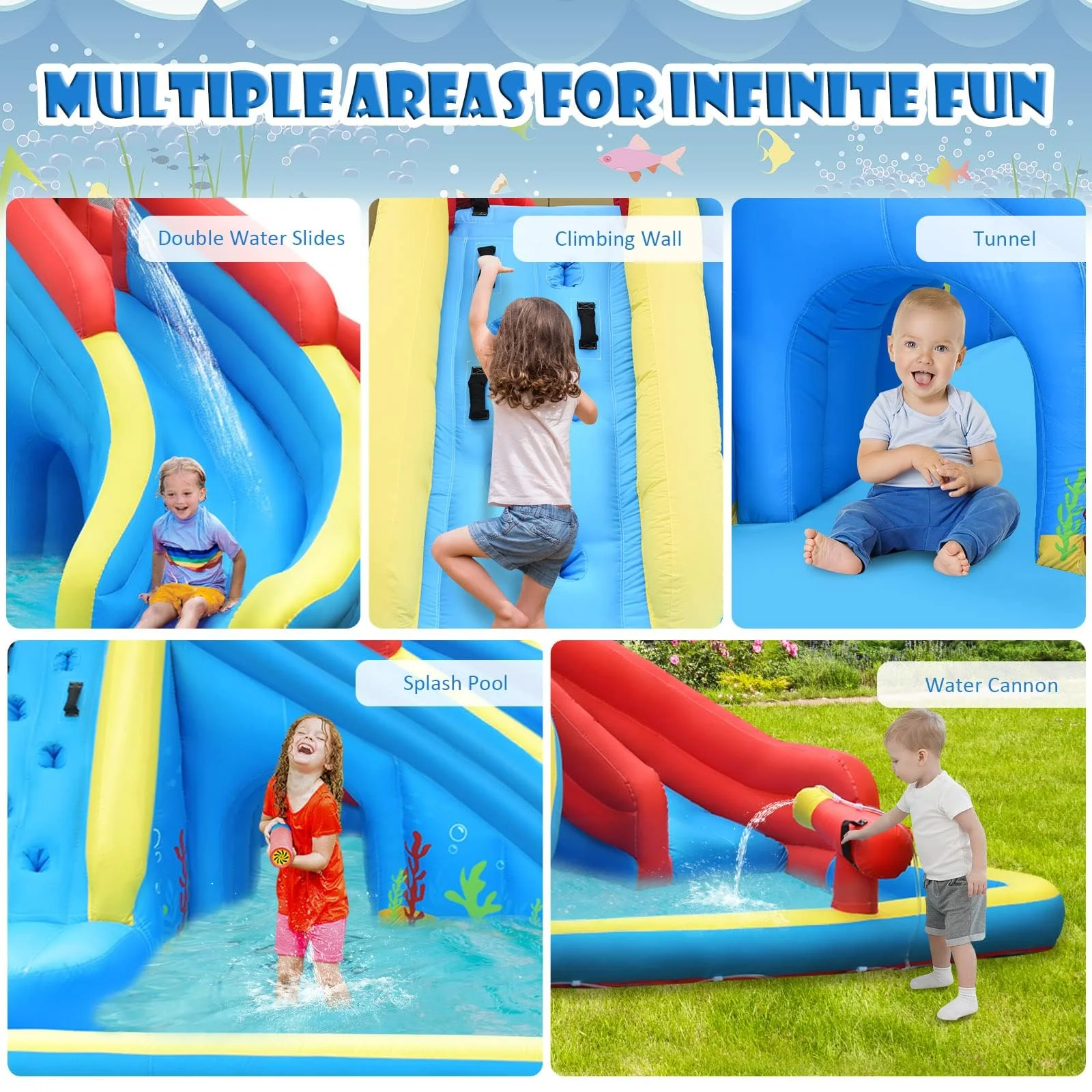 HONEY JOY Inflatable Water Slide, 7 in 1 Giant Water Park Double Long Slide w/Splash Pool, Tunnel Adventure - Image 3