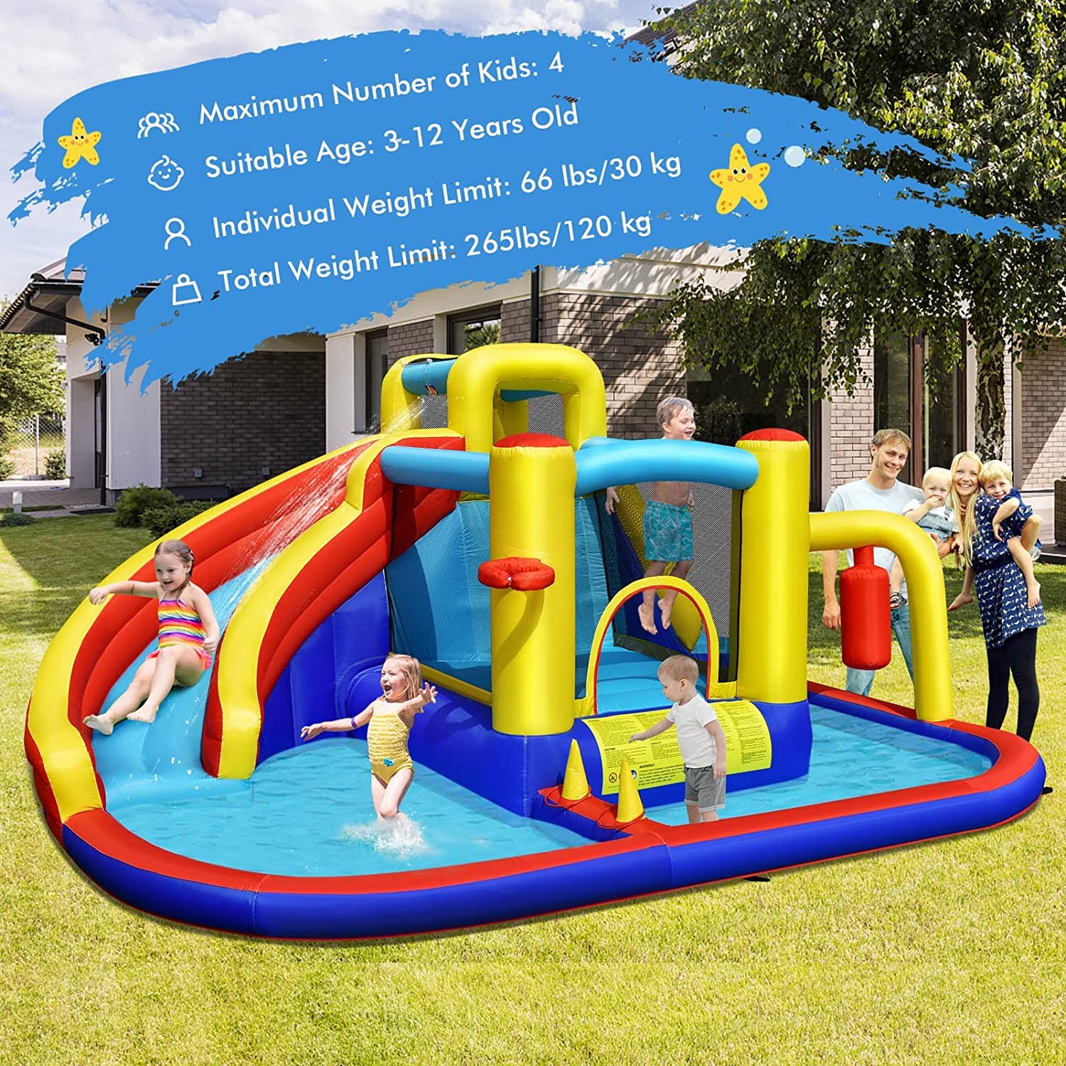 HONEY JOY Inflatable Water Slide, 7-in-1 Outdoor Kids Water Bounce House Jumping Castle w/Combo Water Slide, Splash Pool - Image 5