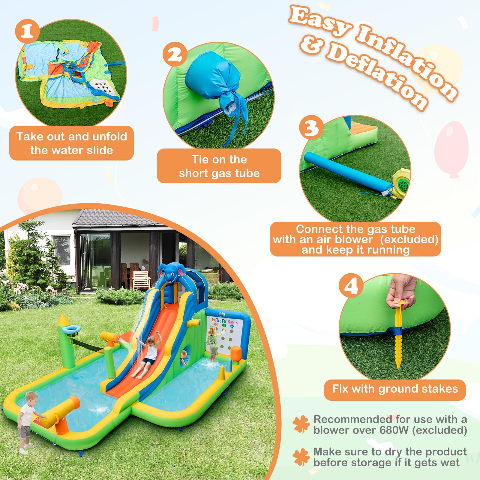 HONEY JOY Inflatable Water Slide, 9-in-1 Water Park Jumping Castle W/Ring-toss Game, Volleyball Area - Image 4