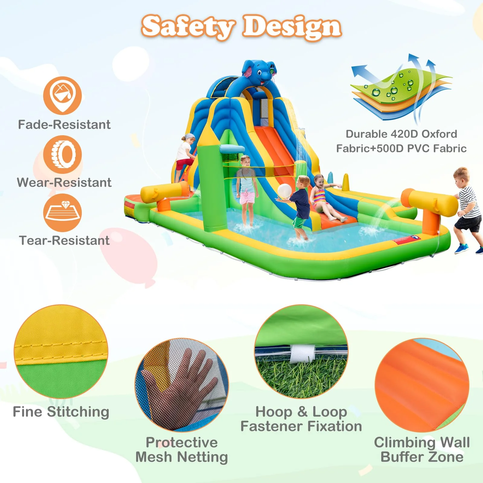 HONEY JOY Inflatable Water Slide, 9-in-1 Water Park Jumping Castle W/Ring-toss Game, Volleyball Area - Image 7