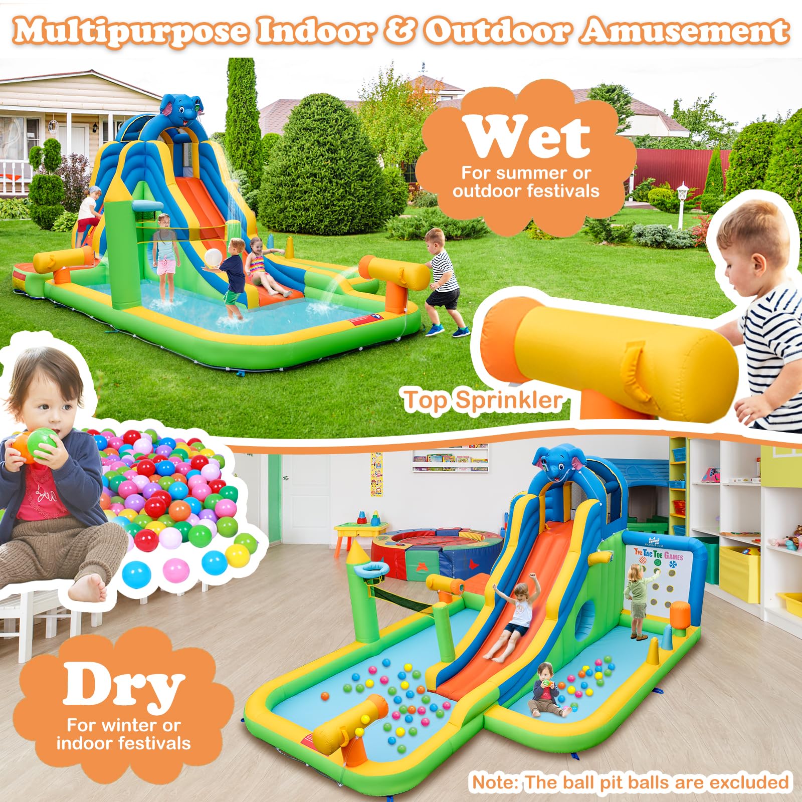 HONEY JOY Inflatable Water Slide, 9-in-1 Water Park Jumping Castle W/Ring-toss Game, Volleyball Area - Image 8
