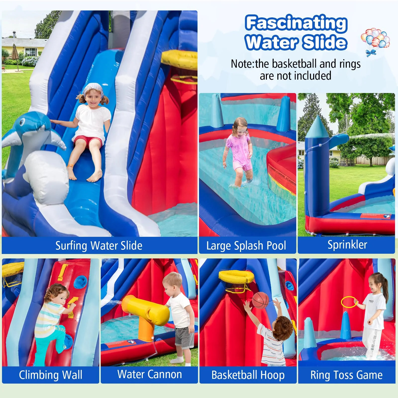 HONEY JOY Inflatable Water Slide, Dolphin Theme Kids Bounce House Water Park w/Long Slide, 2 Splash Pools with 680W Blower - Image 2