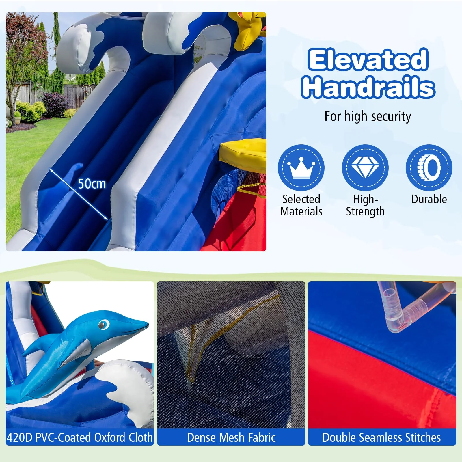 HONEY JOY Inflatable Water Slide, Dolphin Theme Kids Bounce House Water Park w/Long Slide, 2 Splash Pools with 680W Blower - Image 3