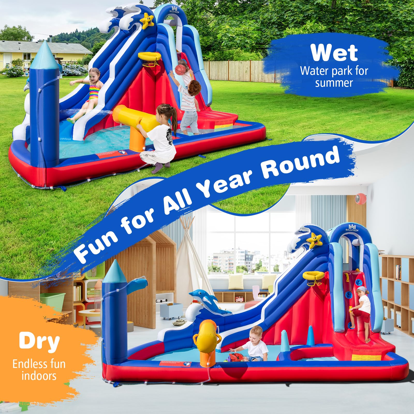 HONEY JOY Inflatable Water Slide, Dolphin Theme Kids Bounce House Water Park w/Long Slide, 2 Splash Pools with 680W Blower - Image 4