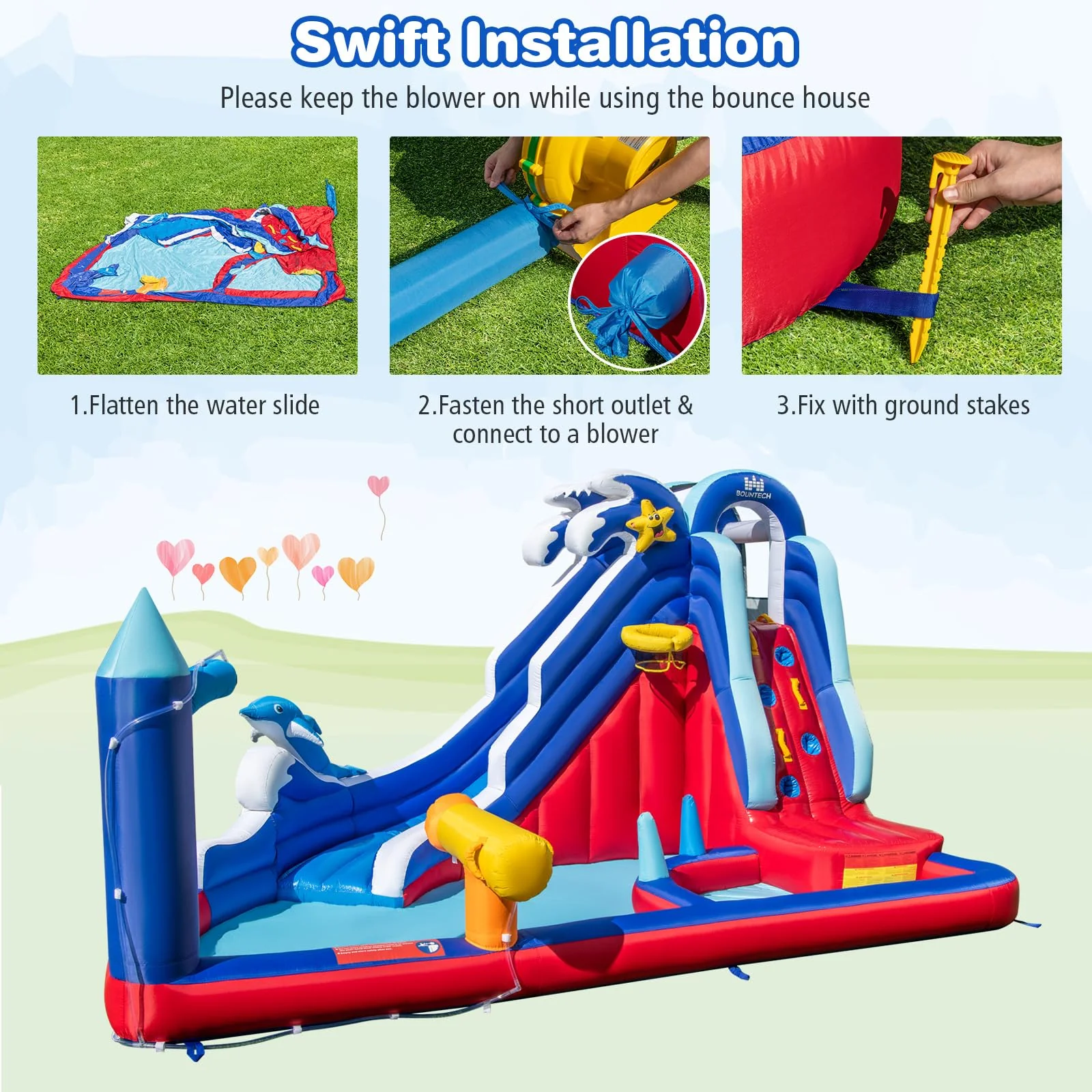 HONEY JOY Inflatable Water Slide, Dolphin Theme Kids Bounce House Water Park w/Long Slide, 2 Splash Pools with 680W Blower - Image 5