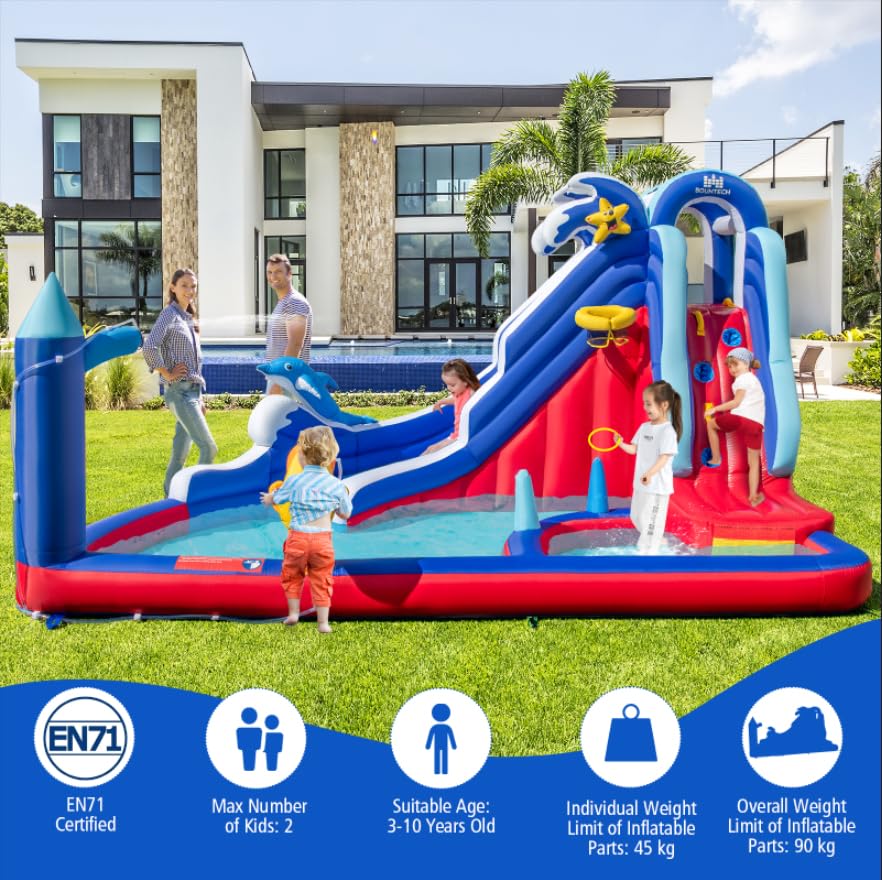 HONEY JOY Inflatable Water Slide, Dolphin Theme Kids Bounce House Water Park w/Long Slide, 2 Splash Pools with 680W Blower - Image 6