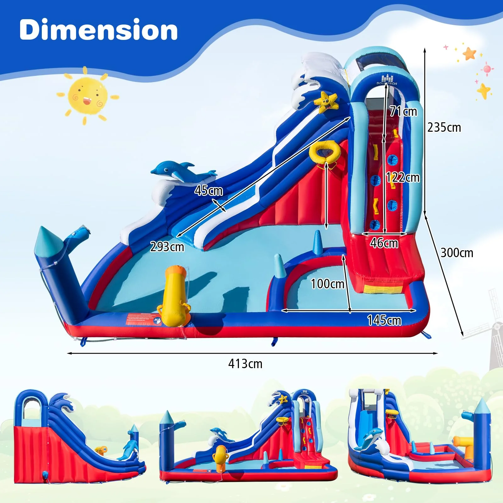 HONEY JOY Inflatable Water Slide, Dolphin Theme Kids Bounce House Water Park w/Long Slide, 2 Splash Pools with 680W Blower - Image 7