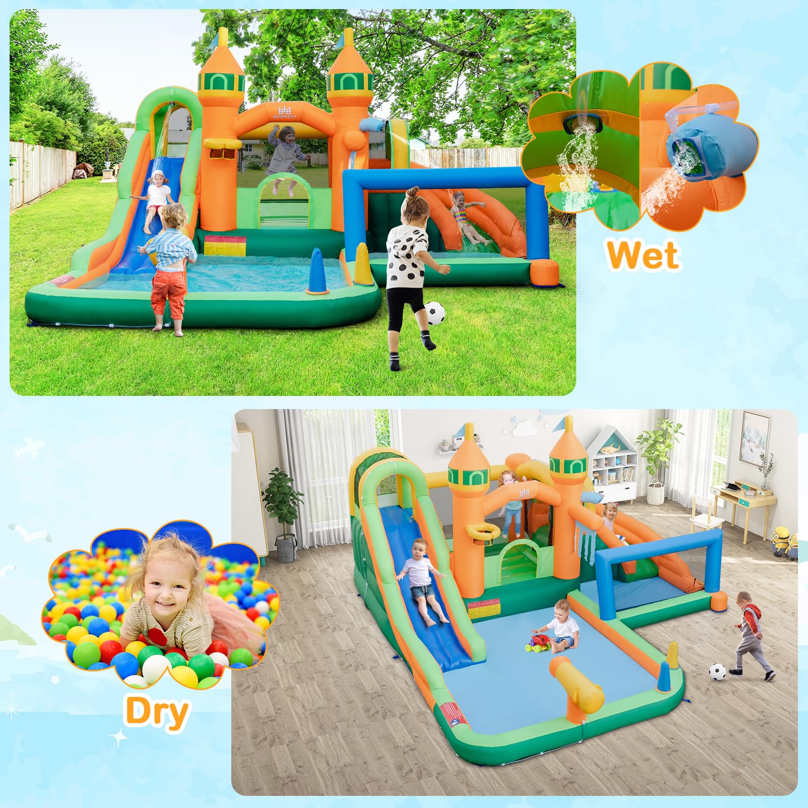 HONEY JOY Inflatable Water Slide, Kids Water Park w/Long Slides, Splash Pools, Climbing Wall, Water Gun - Image 2