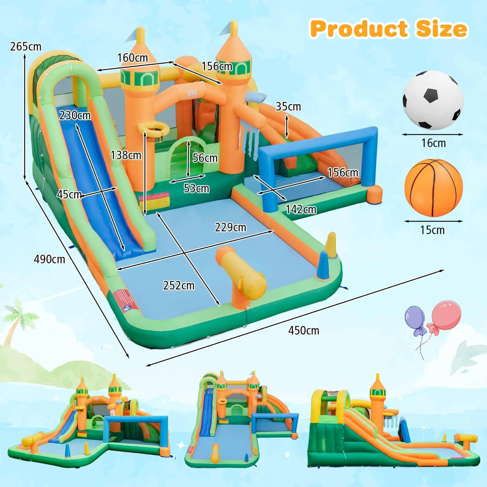 HONEY JOY Inflatable Water Slide, Kids Water Park w/Long Slides, Splash Pools, Climbing Wall, Water Gun - Image 3