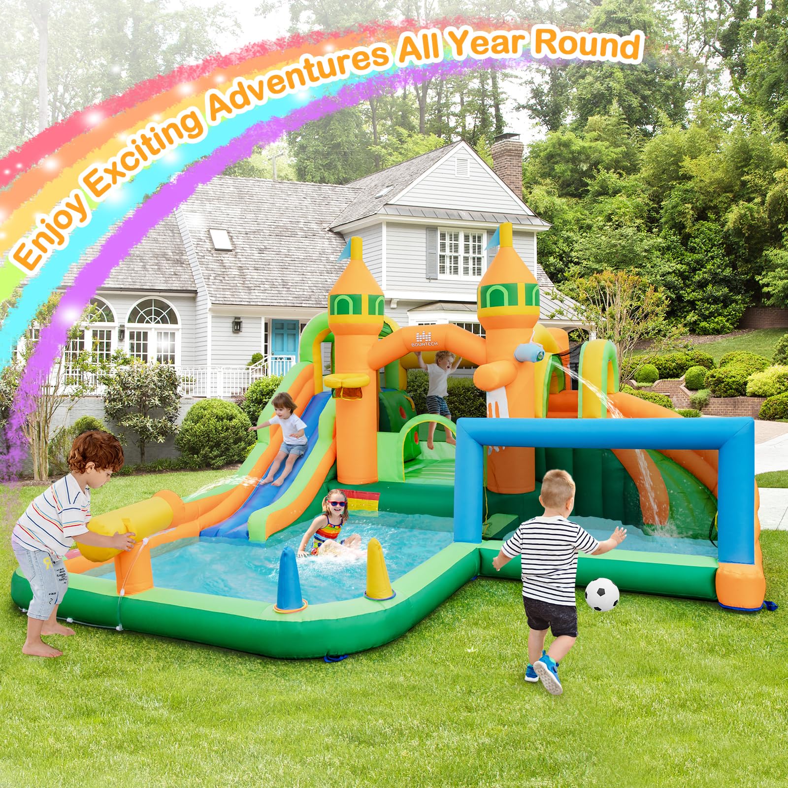 HONEY JOY Inflatable Water Slide, Kids Water Park w/Long Slides, Splash Pools, Climbing Wall, Water Gun - Image 4