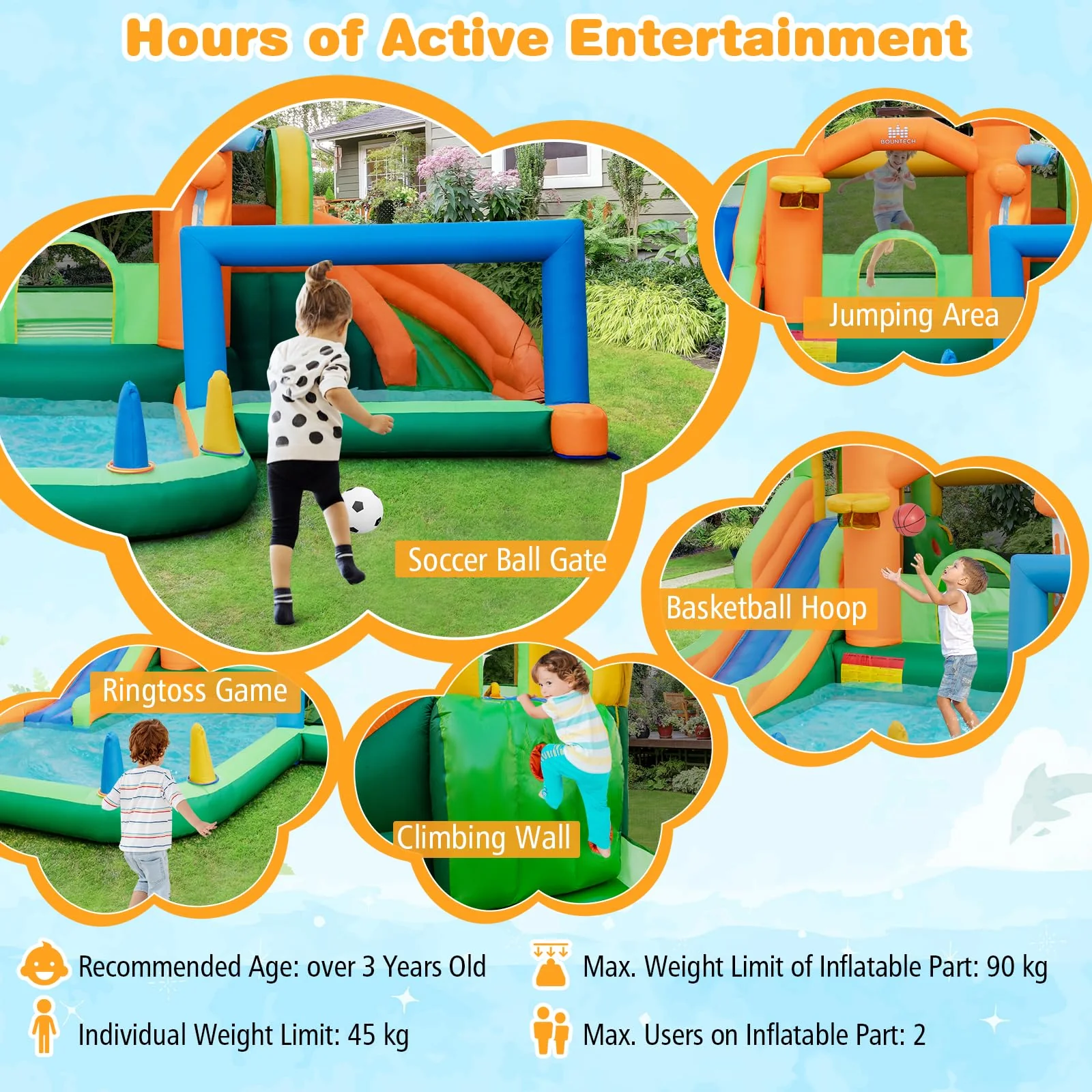 HONEY JOY Inflatable Water Slide, Kids Water Park w/Long Slides, Splash Pools, Climbing Wall, Water Gun - Image 7