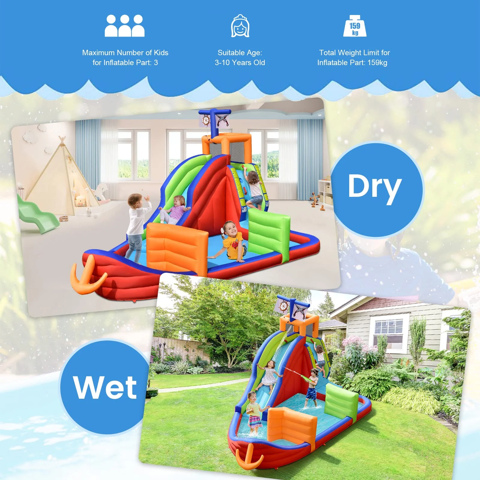 HONEY JOY Inflatable Waterslide, 6-in-1 Pirate Ship Bounce House - Image 5