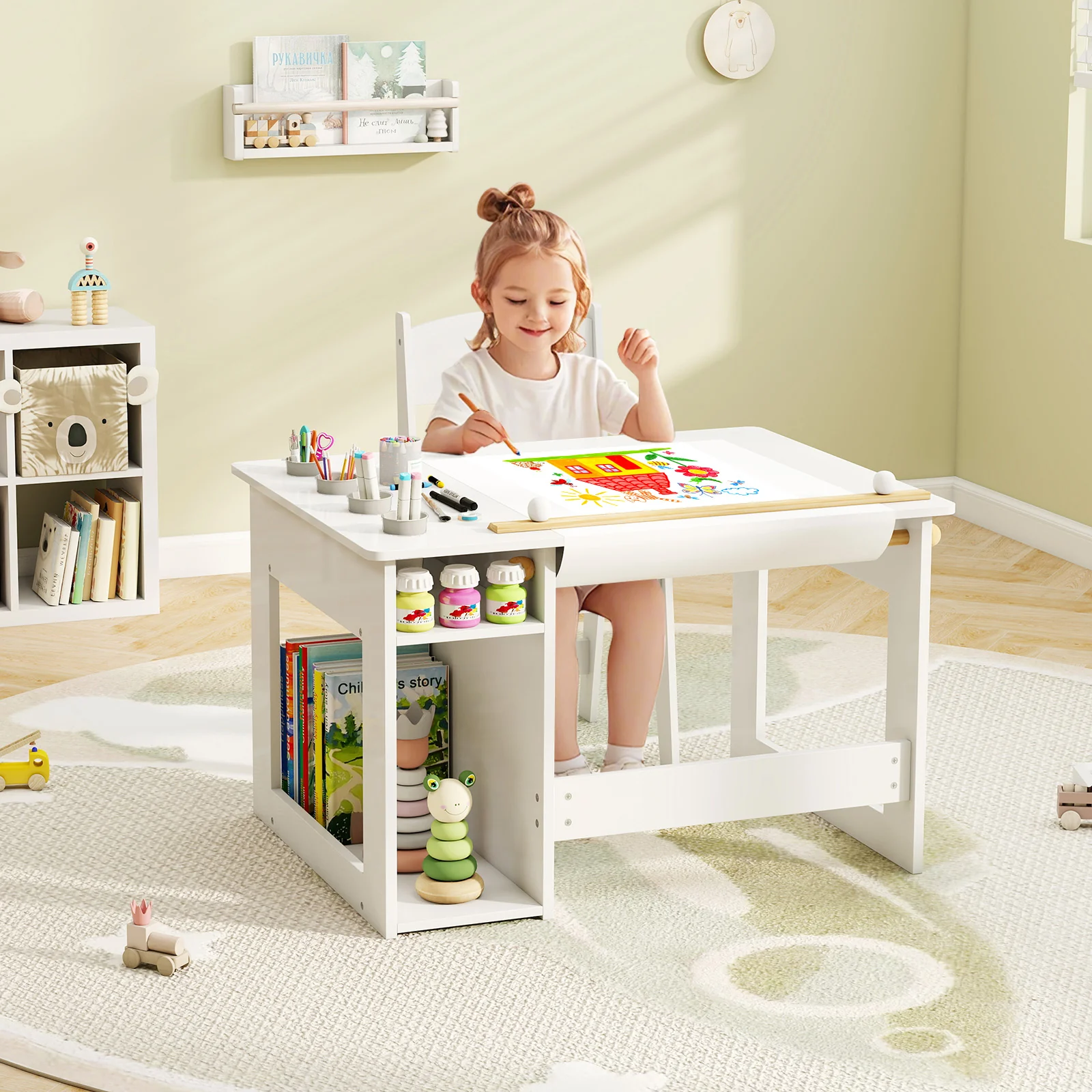 HONEY JOY Kid’s Art Table & Chair Set, Toddler Craft Wooden Drawing Desk with Paper Roll - Image 2