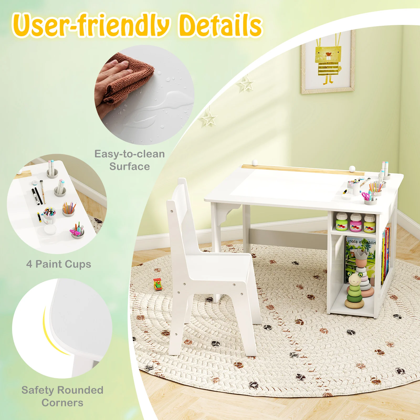 HONEY JOY Kid’s Art Table & Chair Set, Toddler Craft Wooden Drawing Desk with Paper Roll - Image 3