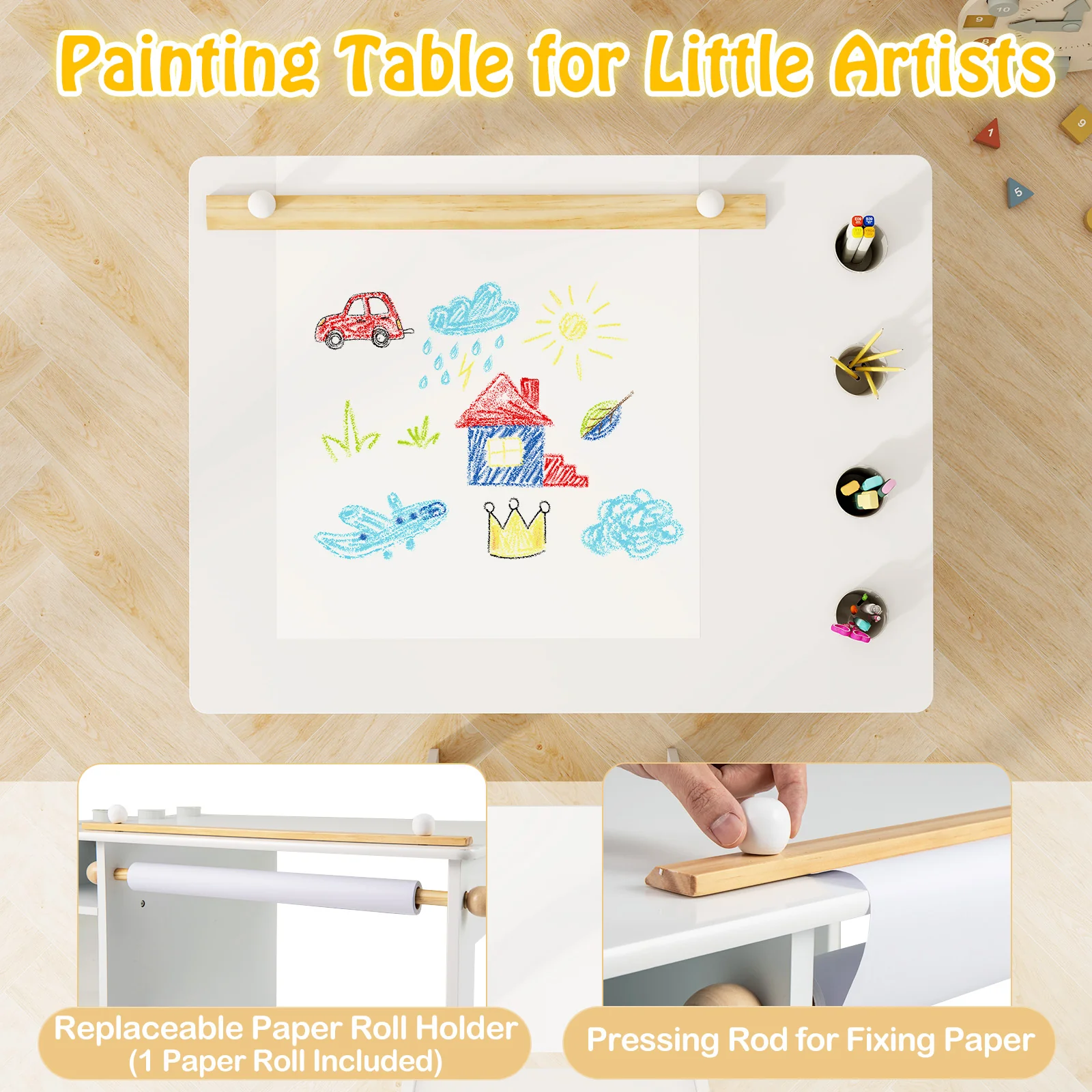 HONEY JOY Kid’s Art Table & Chair Set, Toddler Craft Wooden Drawing Desk with Paper Roll - Image 5