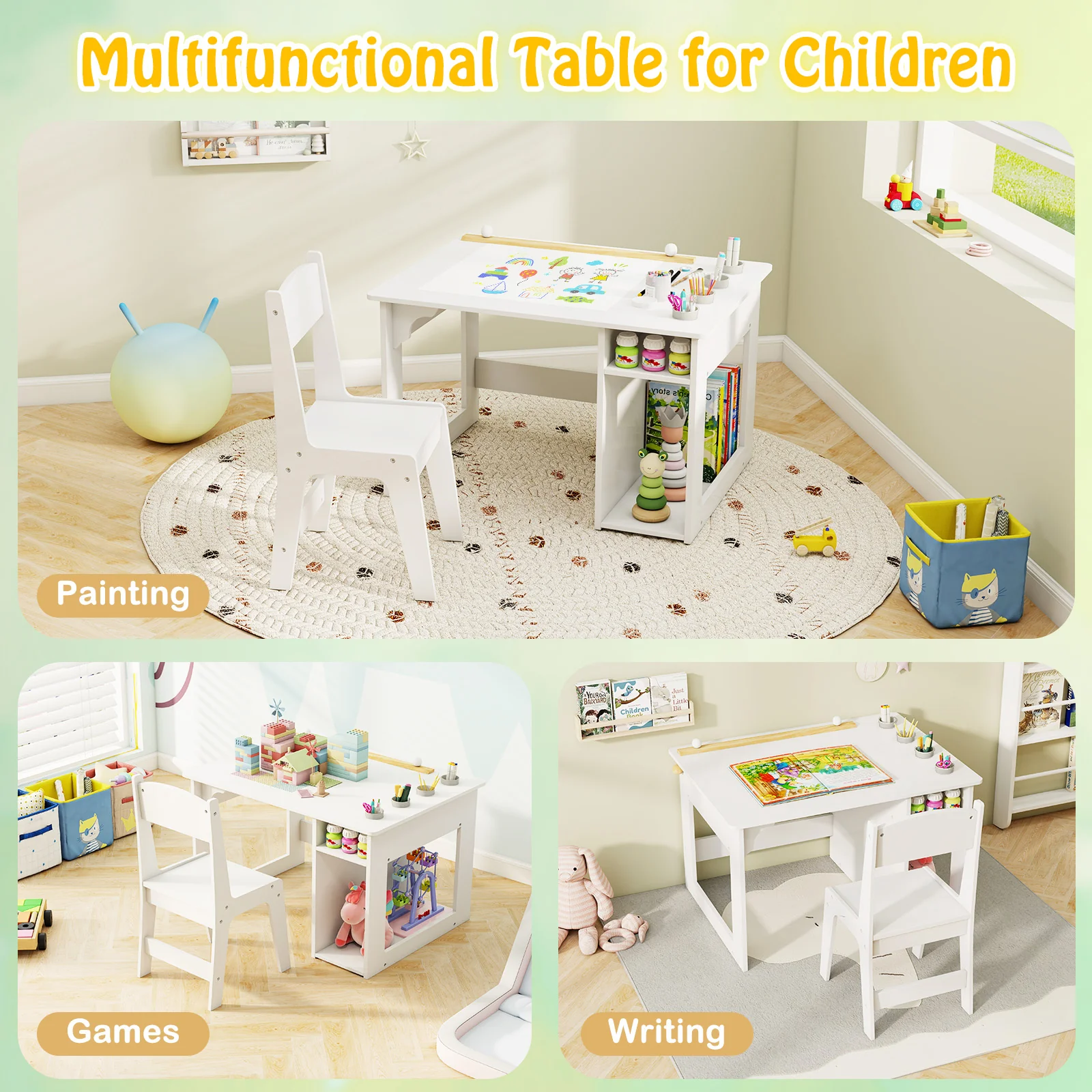 HONEY JOY Kid’s Art Table & Chair Set, Toddler Craft Wooden Drawing Desk with Paper Roll - Image 7