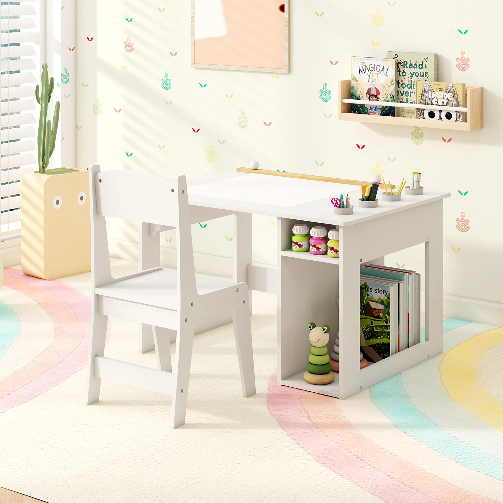 HONEY JOY Kid’s Art Table & Chair Set, Toddler Craft Wooden Drawing Desk with Paper Roll - Image 8