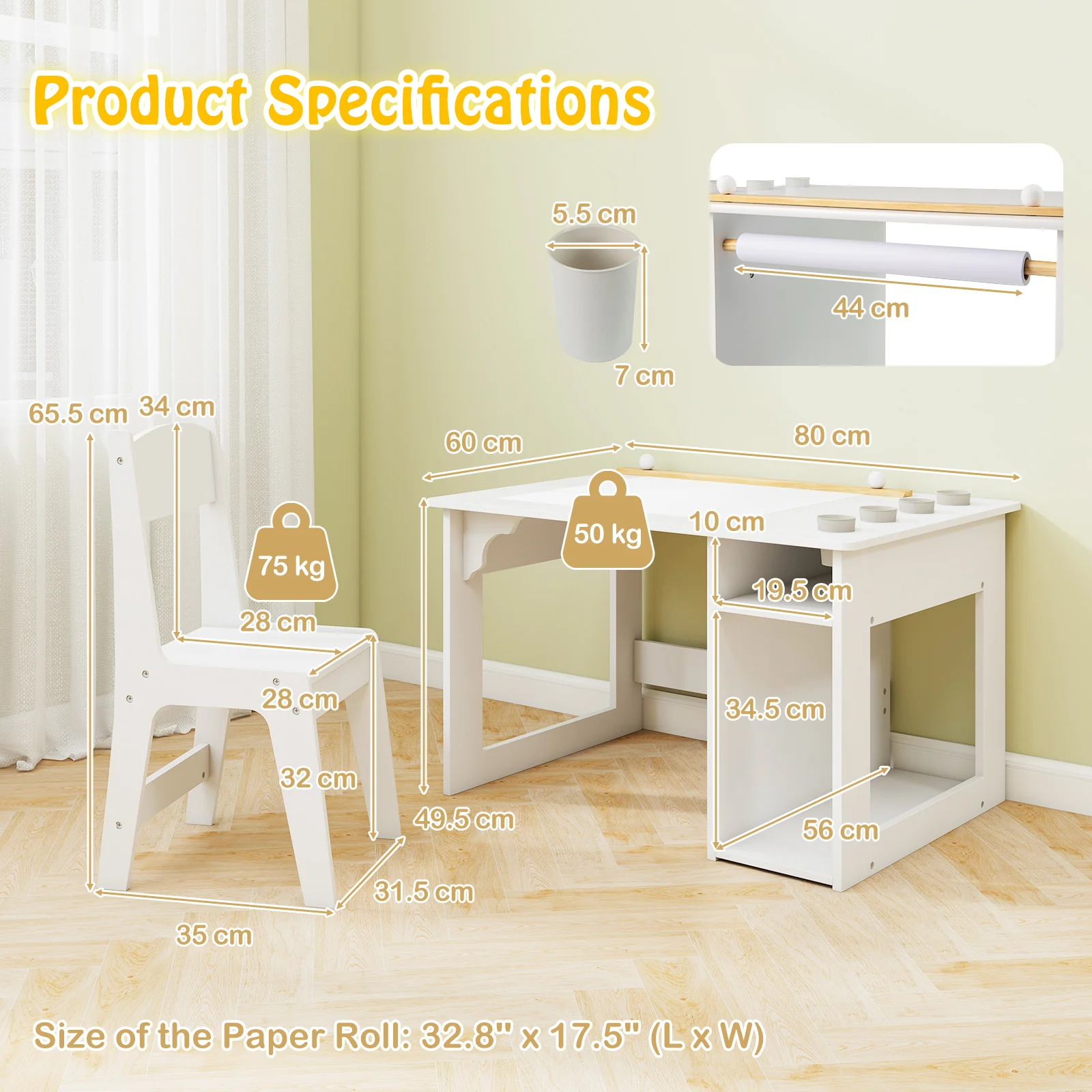 HONEY JOY Kid’s Art Table & Chair Set, Toddler Craft Wooden Drawing Desk with Paper Roll - Image 9