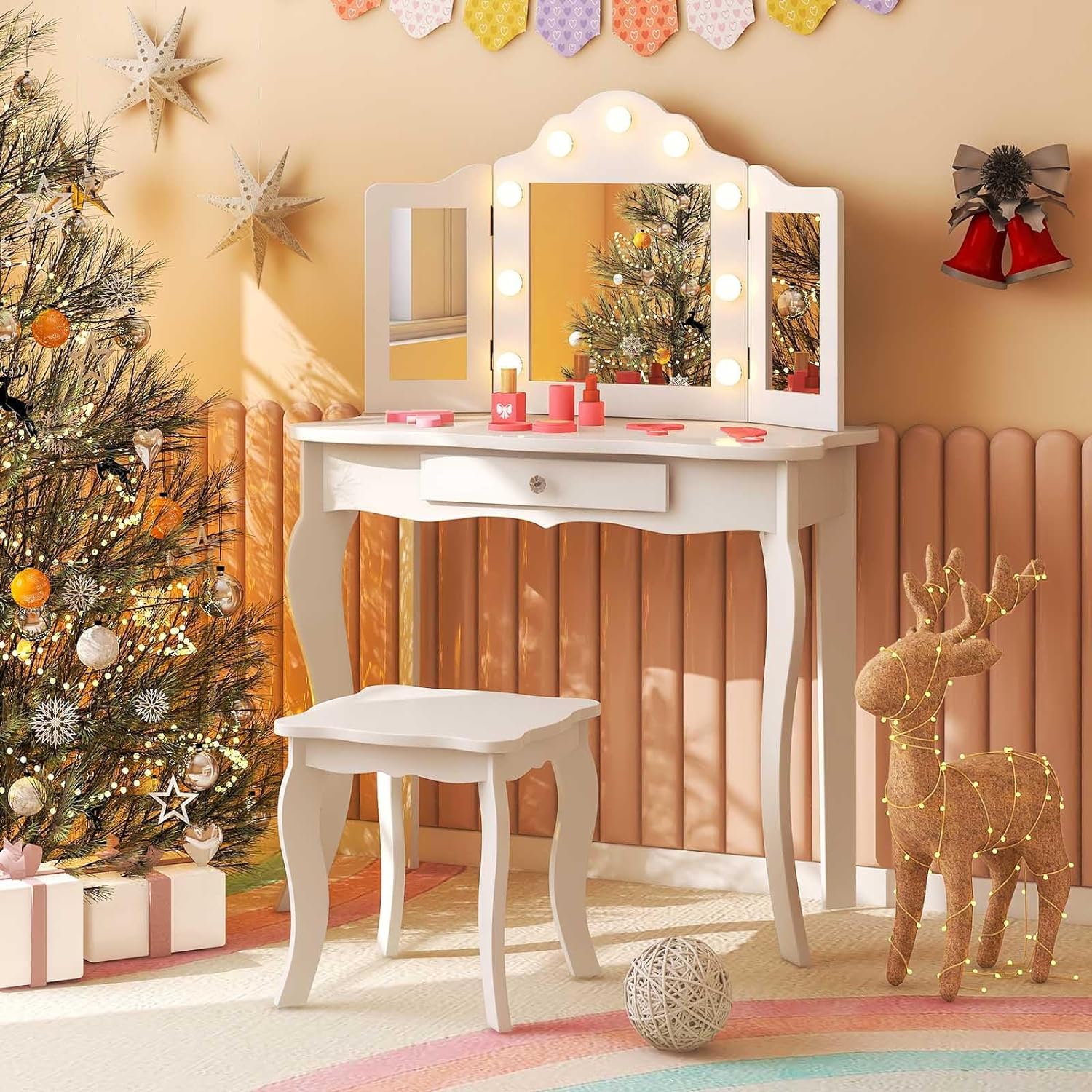 HONEY JOY Kids 2-in-1 Vanity Table and Stool Set,Princess Makeup Vanity Set w/3-color LED Lights & Adjustable Brightness - Image 10