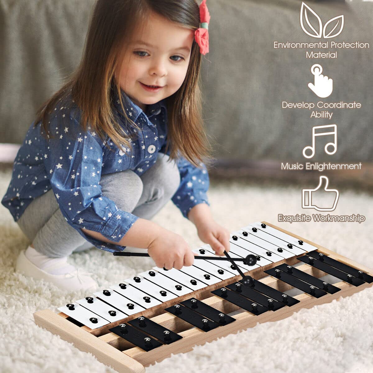 HONEY JOY Kids 27-Note Glockenspiel Xylophone, Glockenspiel Xylophone for Toddlers w/27 Metal Keys, Percussion Instrument - Image 3