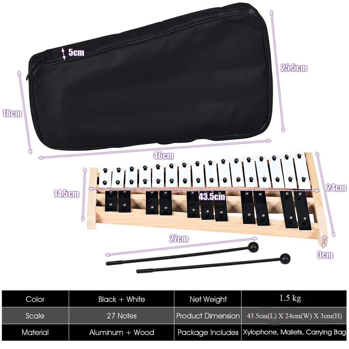 HONEY JOY Kids 27-Note Glockenspiel Xylophone, Glockenspiel Xylophone for Toddlers w/27 Metal Keys, Percussion Instrument - Image 8