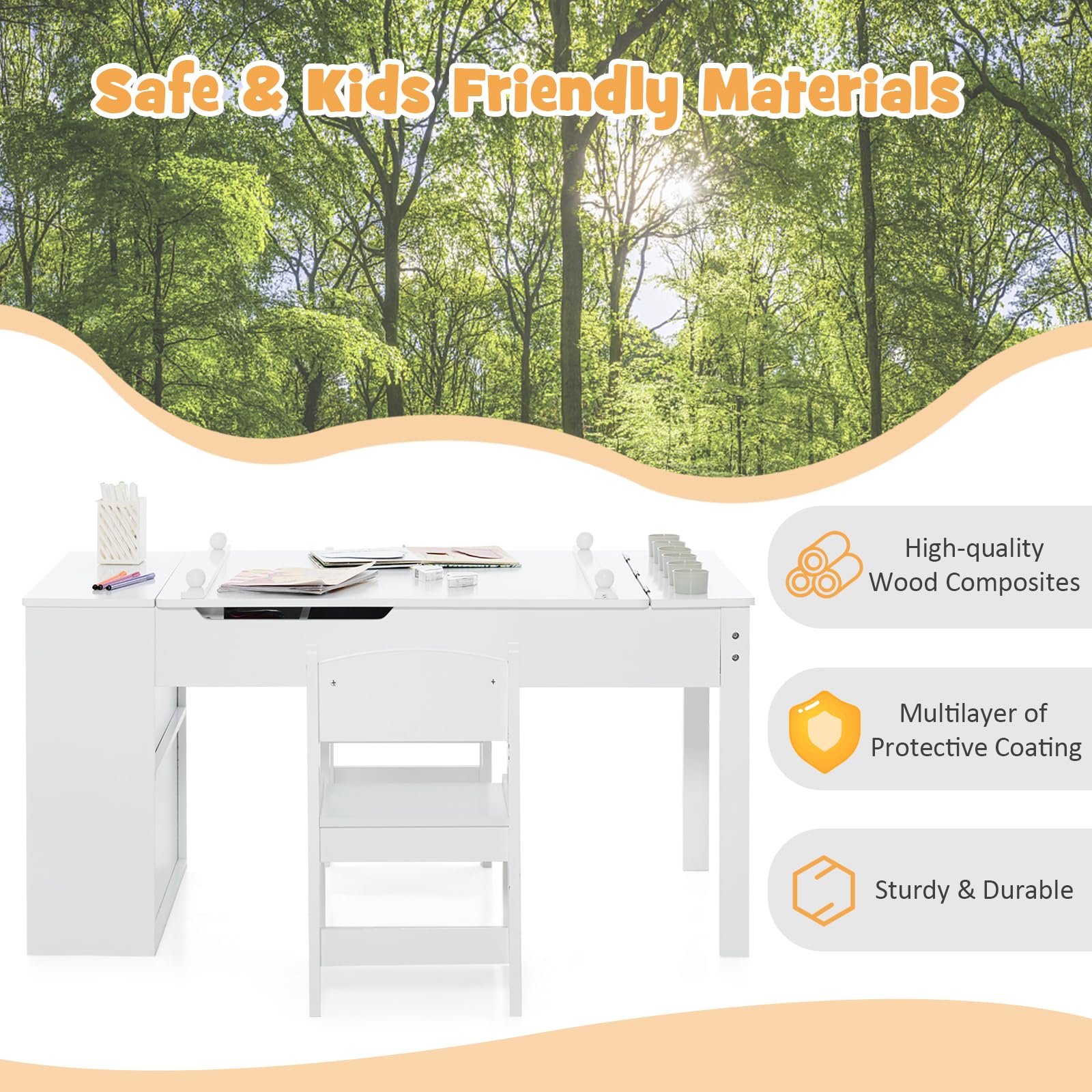 HONEY JOY Kids Art Easel Table & 2 Chairs Set Activity Writing Desk w/Paper Roll - Image 3