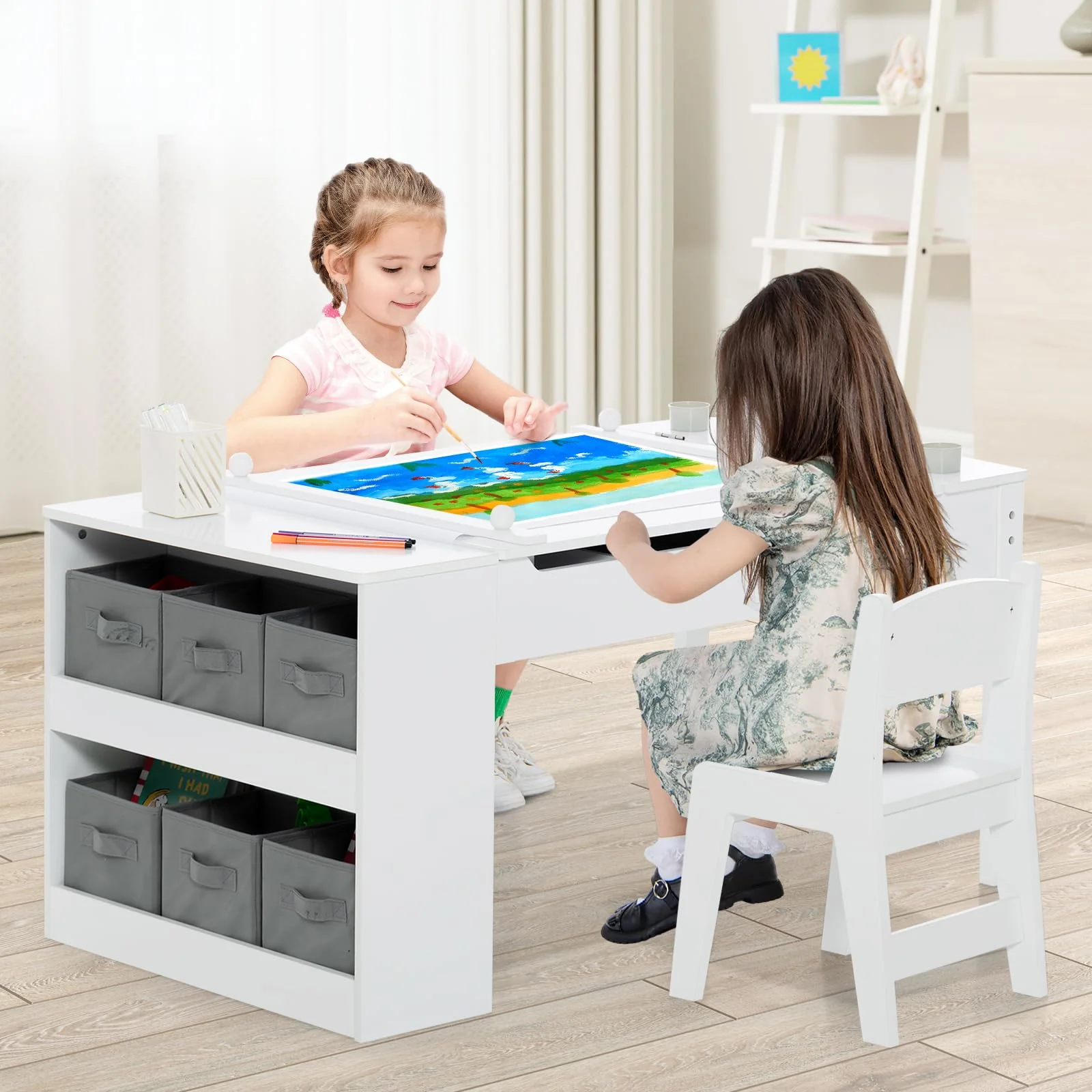 HONEY JOY Kids Art Easel Table & 2 Chairs Set Activity Writing Desk w/Paper Roll - Image 5