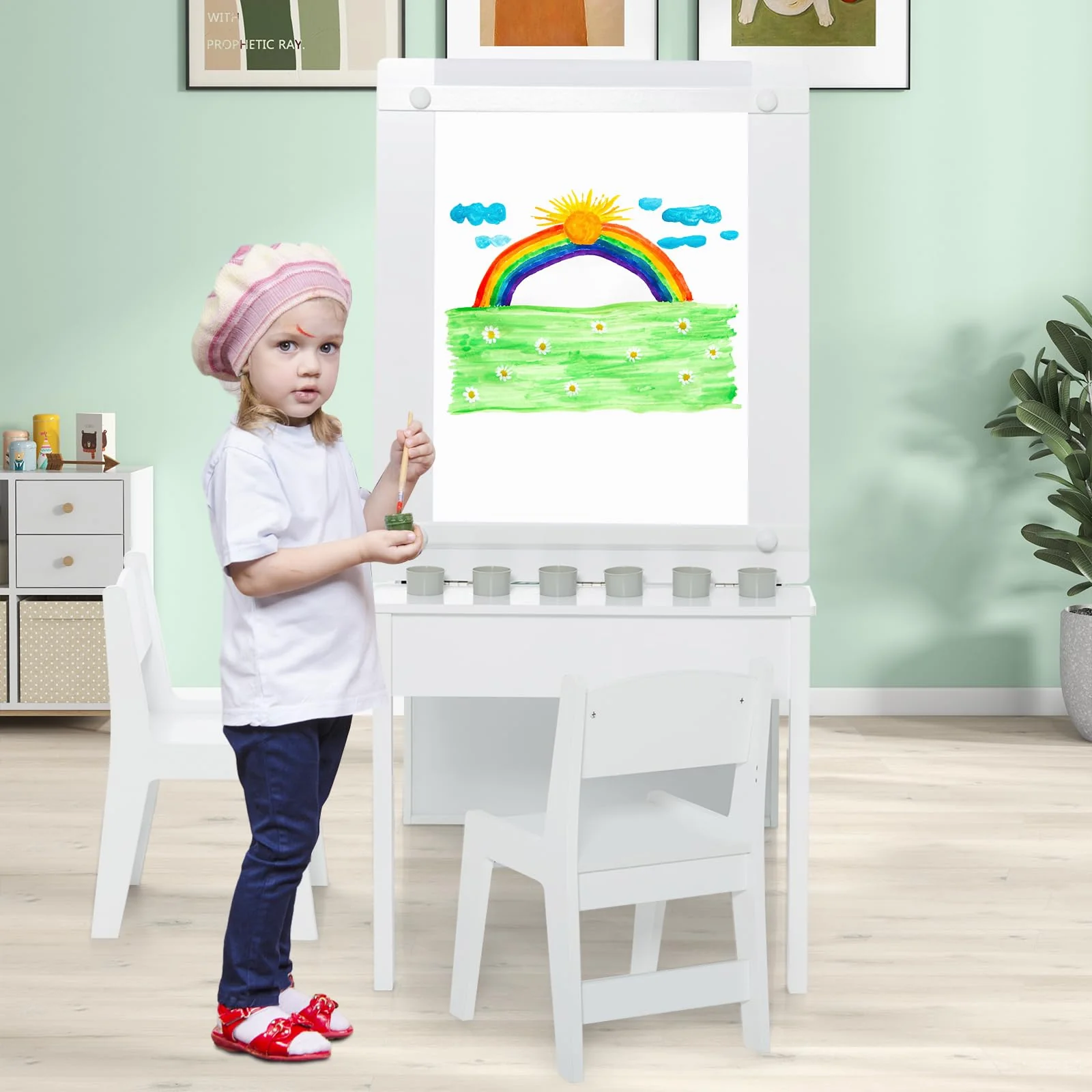 HONEY JOY Kids Art Easel Table & 2 Chairs Set Activity Writing Desk w/Paper Roll - Image 6