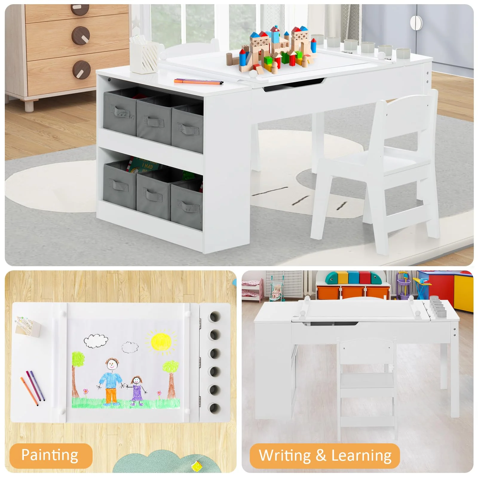 HONEY JOY Kids Art Easel Table & 2 Chairs Set Activity Writing Desk w/Paper Roll - Image 8