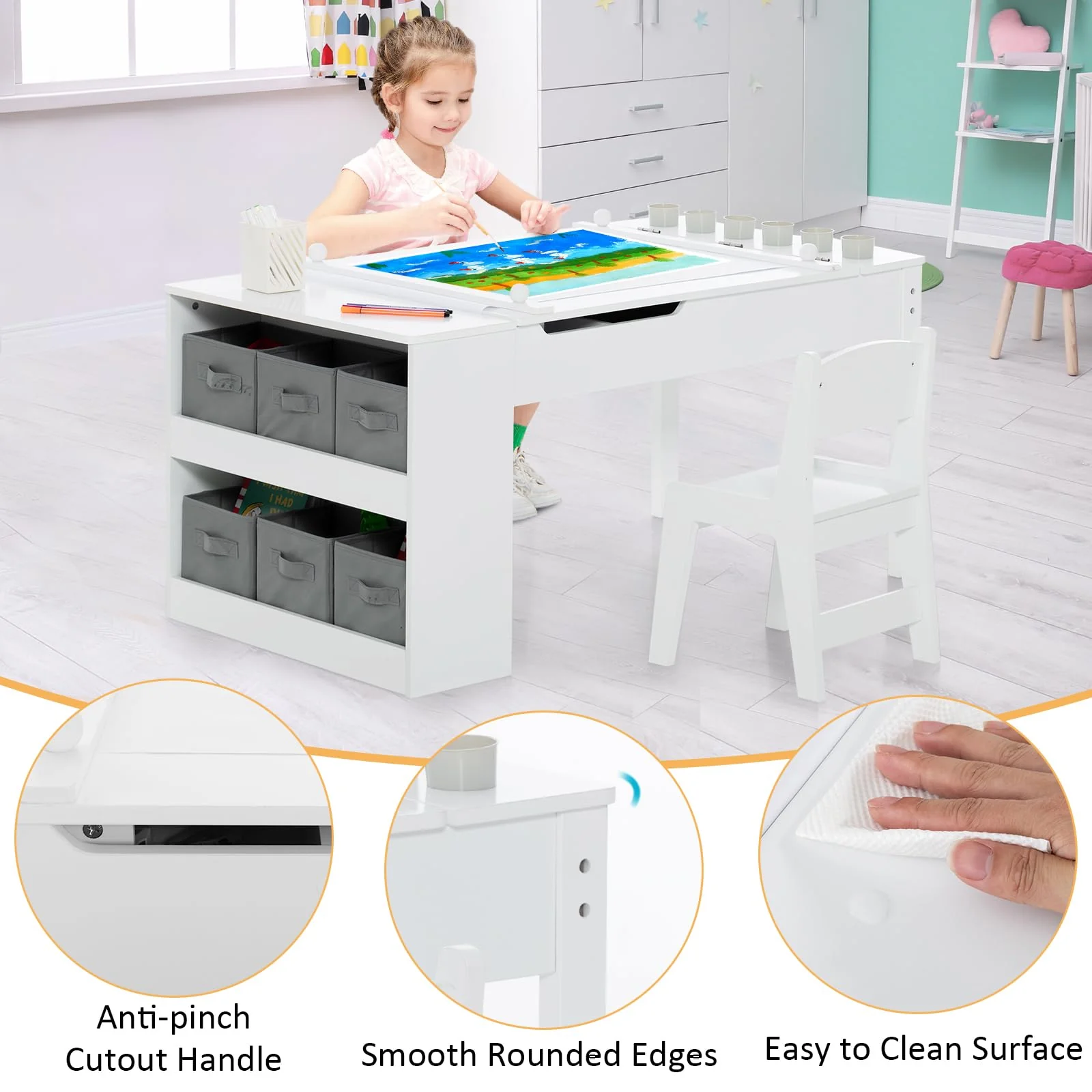 HONEY JOY Kids Art Easel Table & 2 Chairs Set Activity Writing Desk w/Paper Roll - Image 9