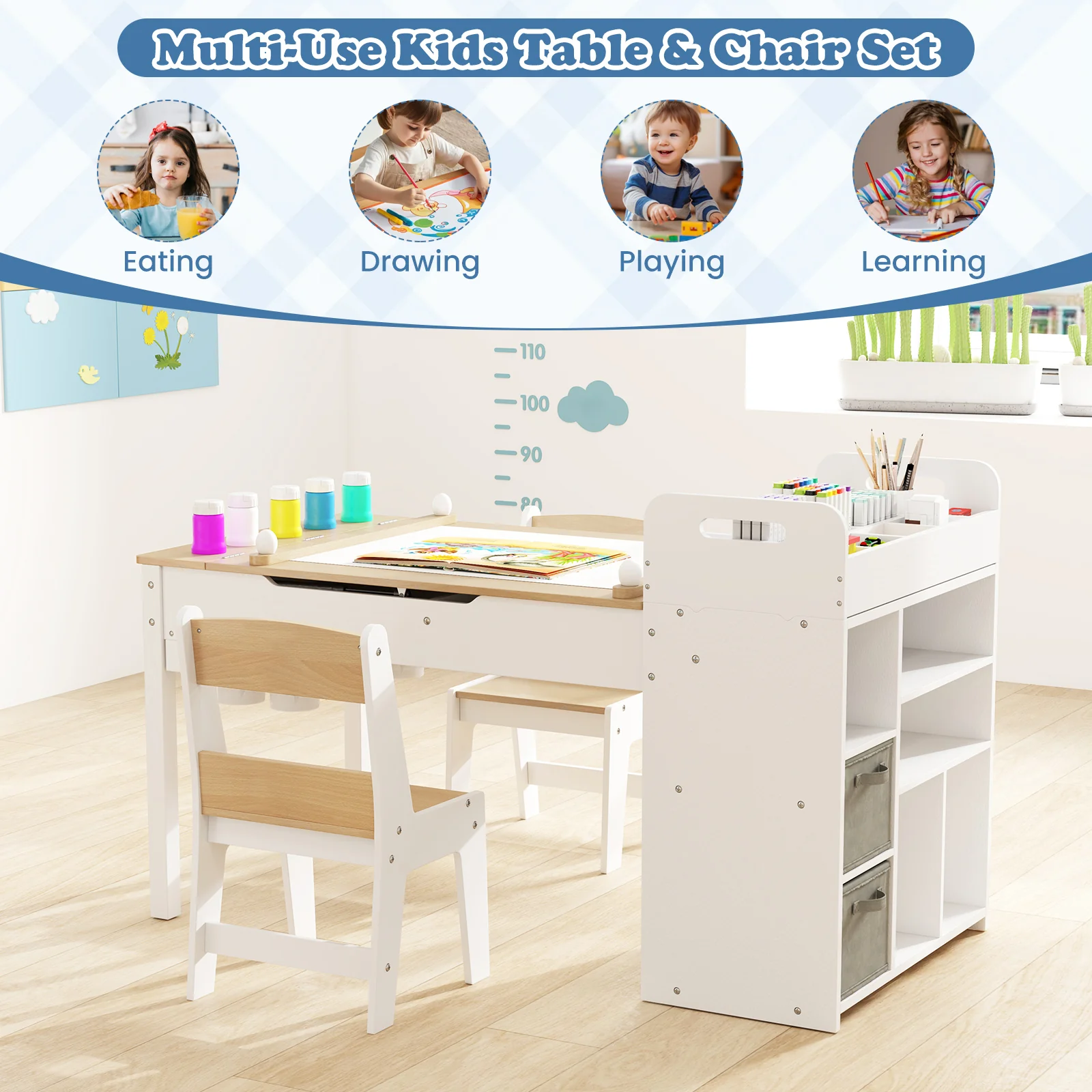 HONEY JOY Kids Art Table & 2 Chairs Set w/Paper Roll, Craft Desk w/Flip-up Tabletop - Image 9