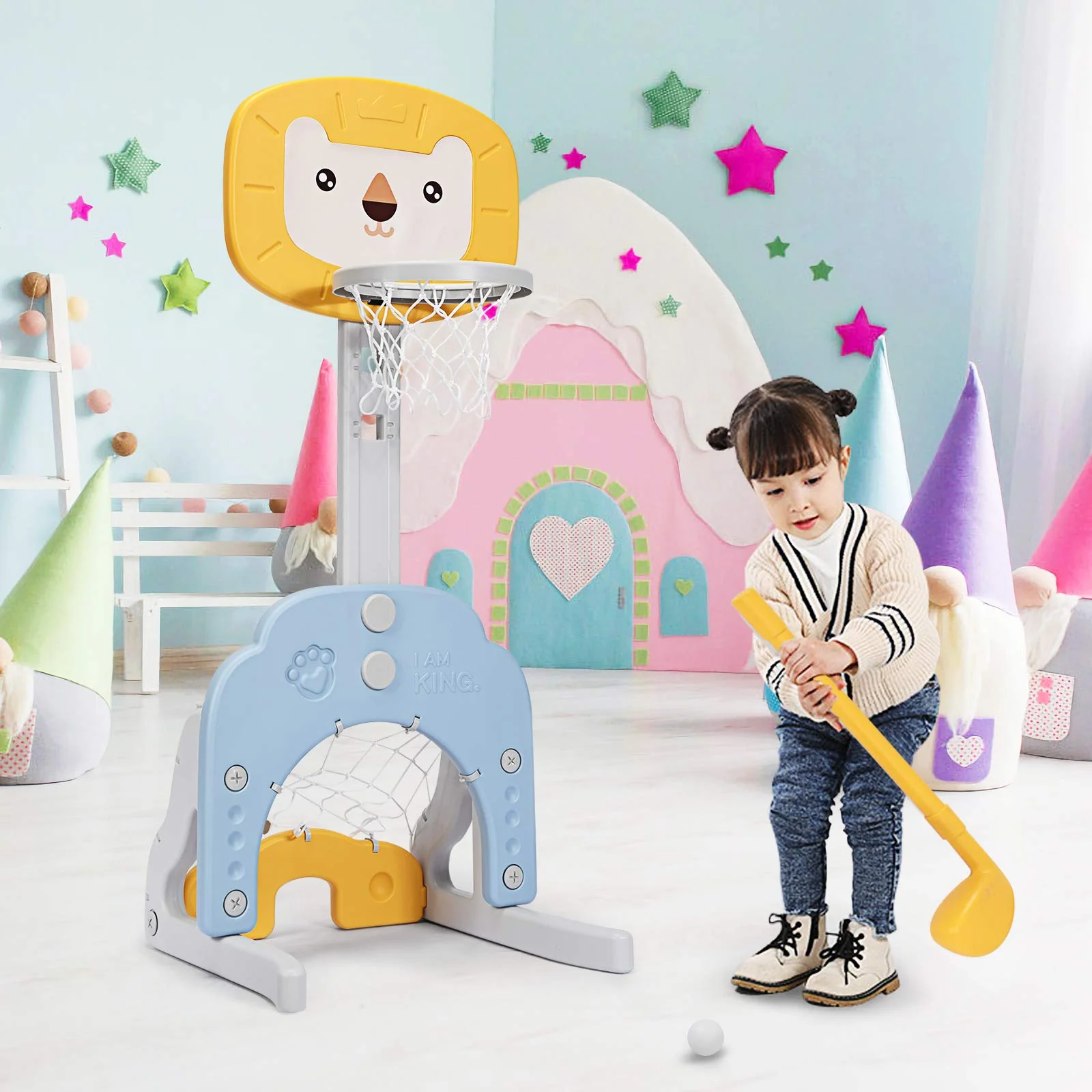 HONEY JOY Kids Basketball Hoop 3 in 1 Toddler Sports Activity Center w/ 5 Adjustable Height Levels - Image 2
