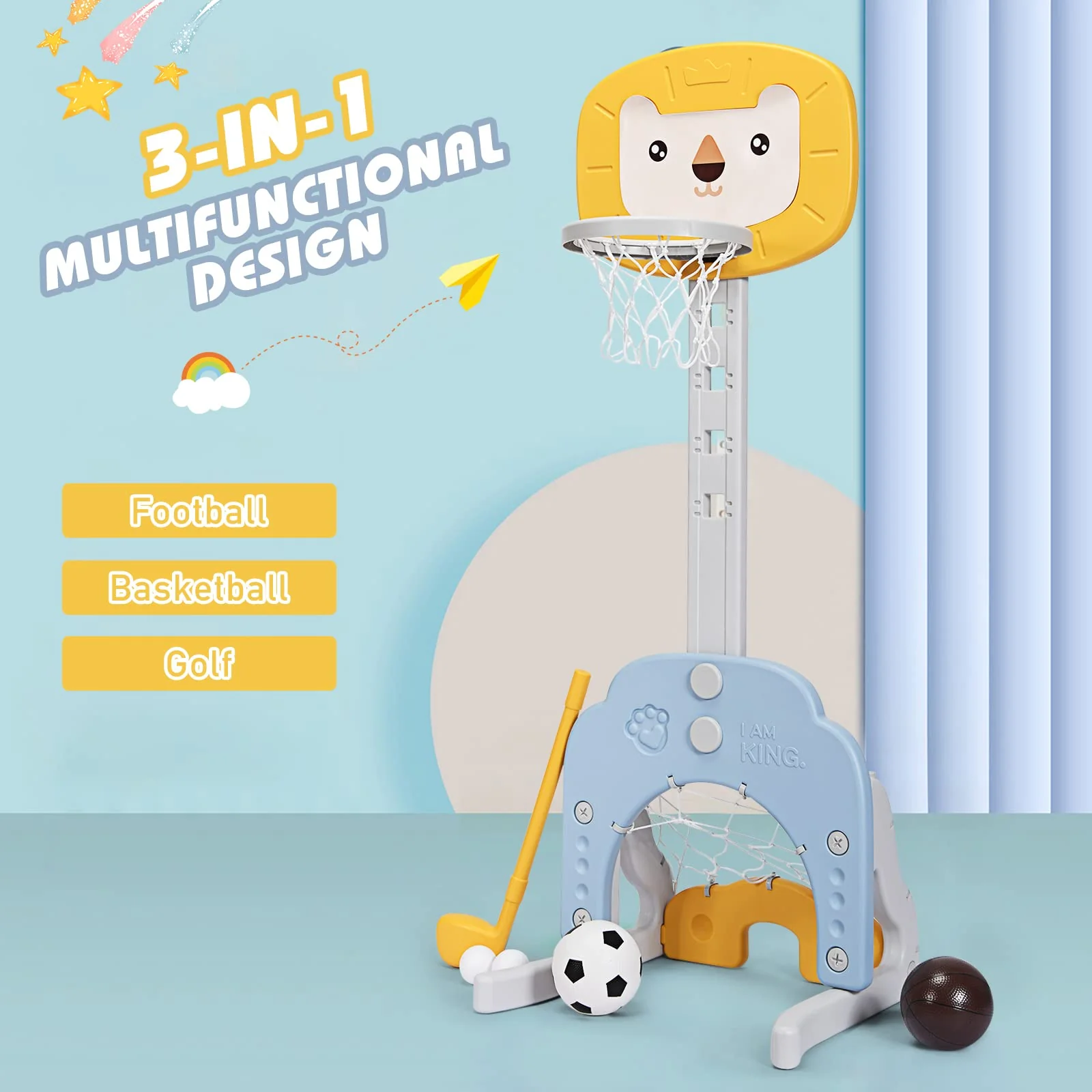 HONEY JOY Kids Basketball Hoop 3 in 1 Toddler Sports Activity Center w/ 5 Adjustable Height Levels - Image 4