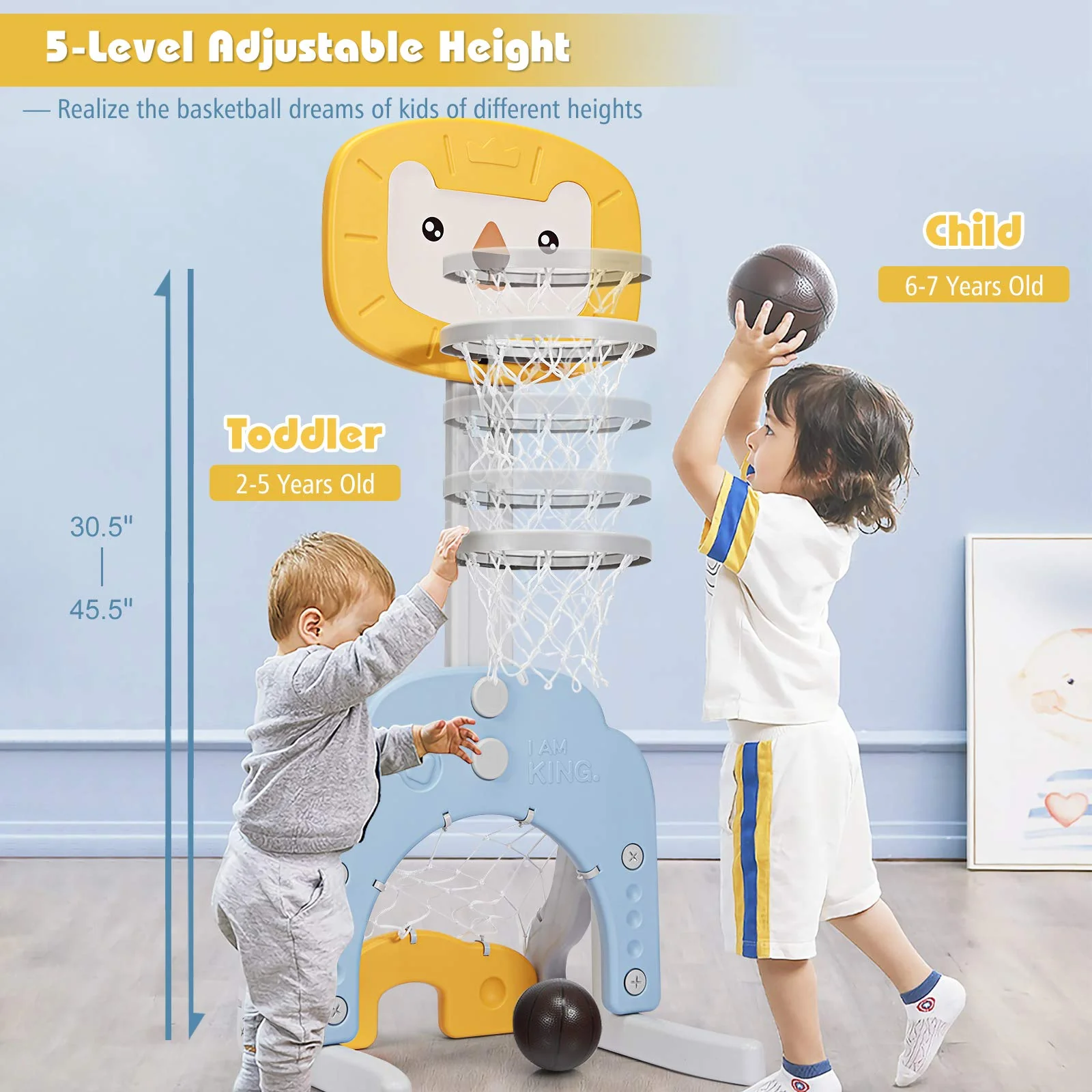 HONEY JOY Kids Basketball Hoop 3 in 1 Toddler Sports Activity Center w/ 5 Adjustable Height Levels - Image 5