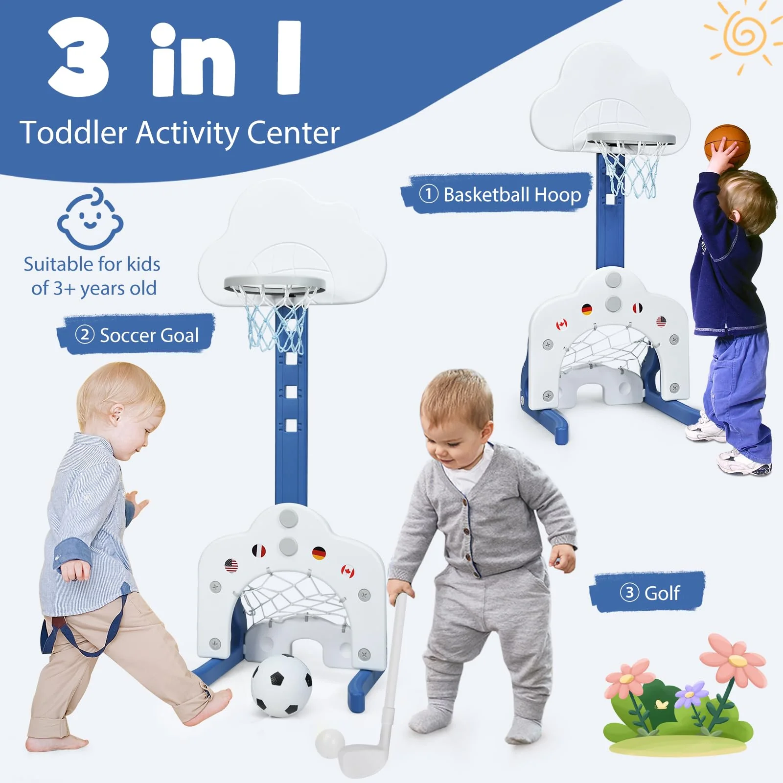 HONEY JOY Kids Basketball Hoop, 3 in 1 Toddler Sports Activity Center - Image 3