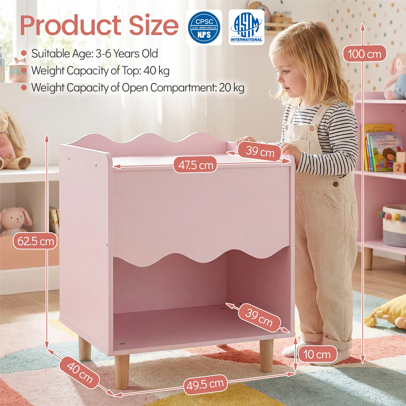 HONEY JOY Kids Bedside Table, Toddler Nightstand with Wide Top & Open Compartment - Image 3