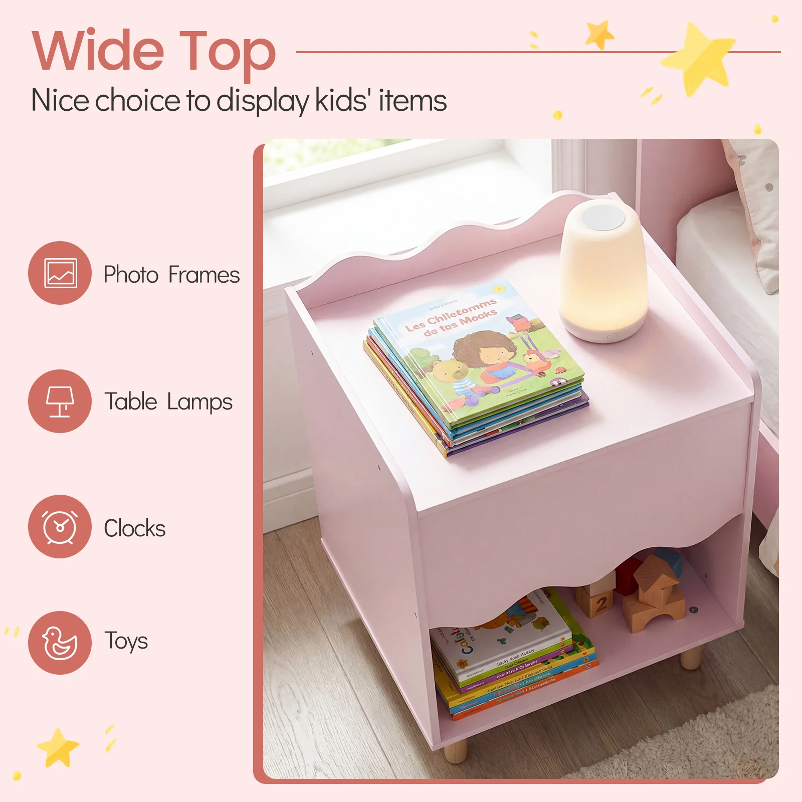 HONEY JOY Kids Bedside Table, Toddler Nightstand with Wide Top & Open Compartment - Image 4