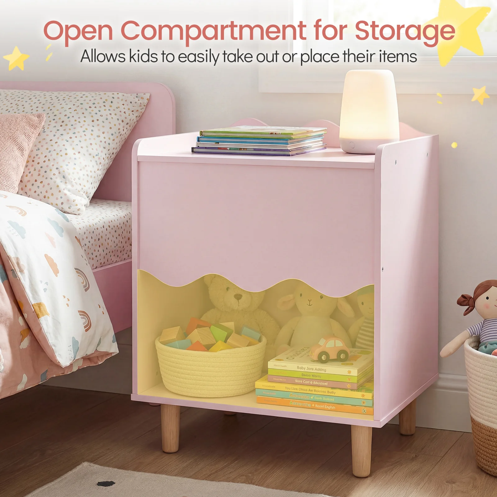 HONEY JOY Kids Bedside Table, Toddler Nightstand with Wide Top & Open Compartment - Image 5